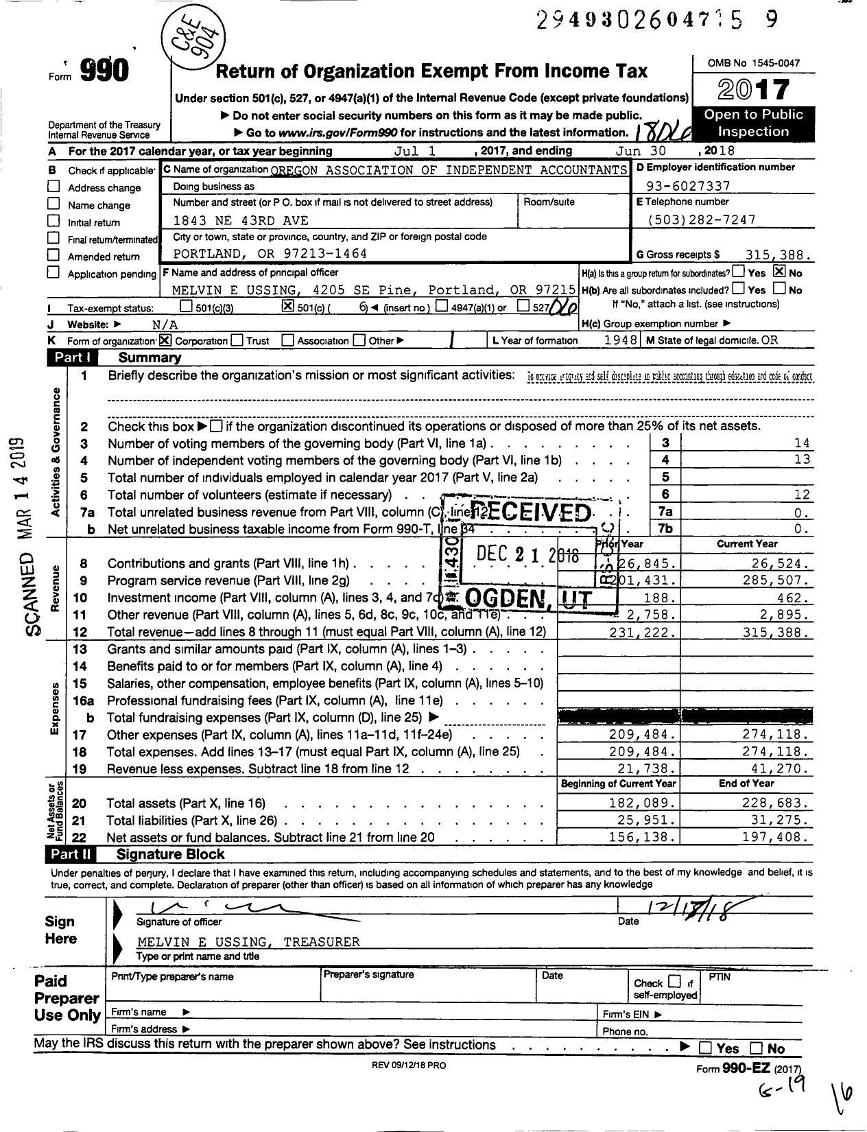 Image of first page of 2017 Form 990O for Oregon Association of Independent Accountants