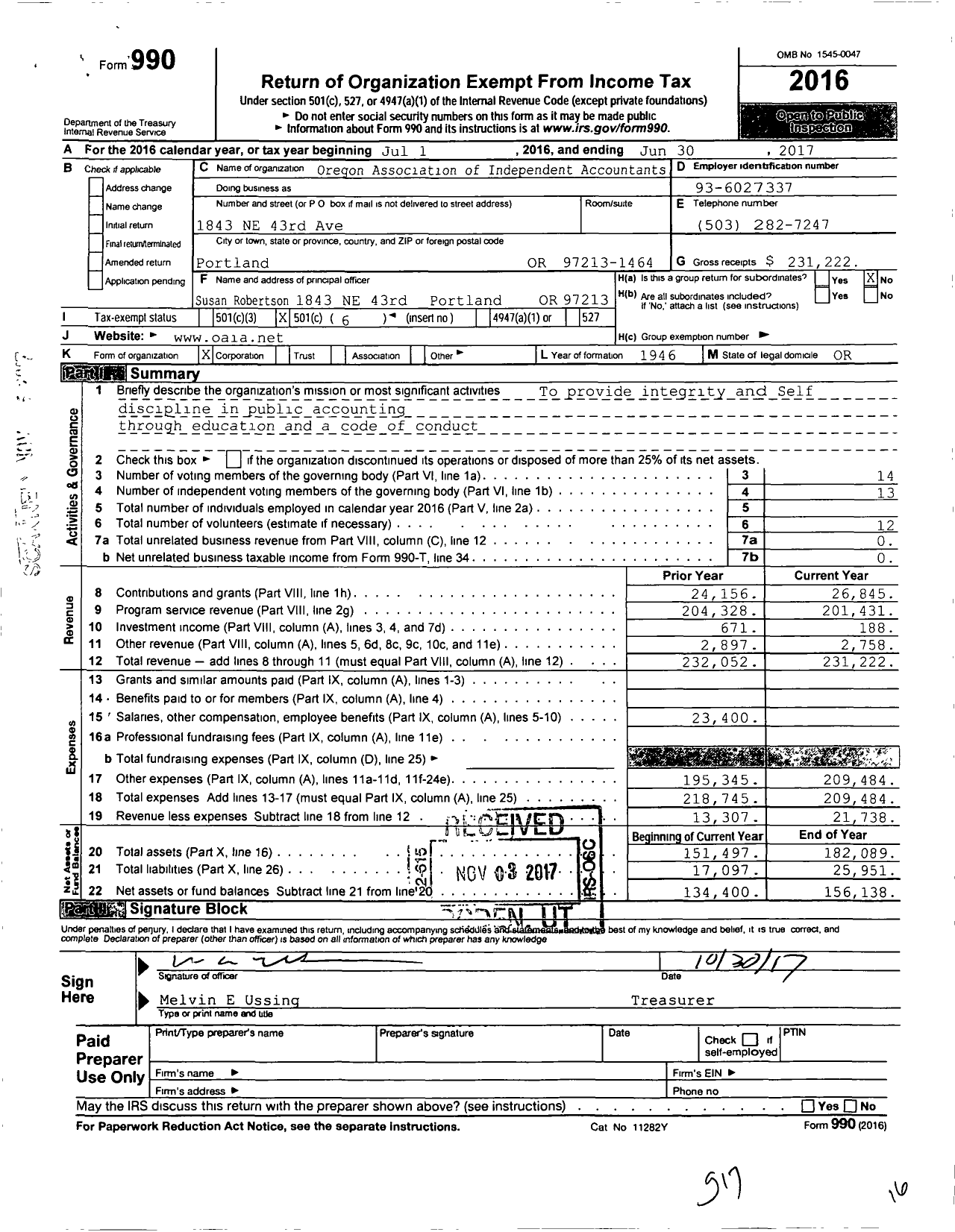 Image of first page of 2016 Form 990O for Oregon Association of Independent Accountants