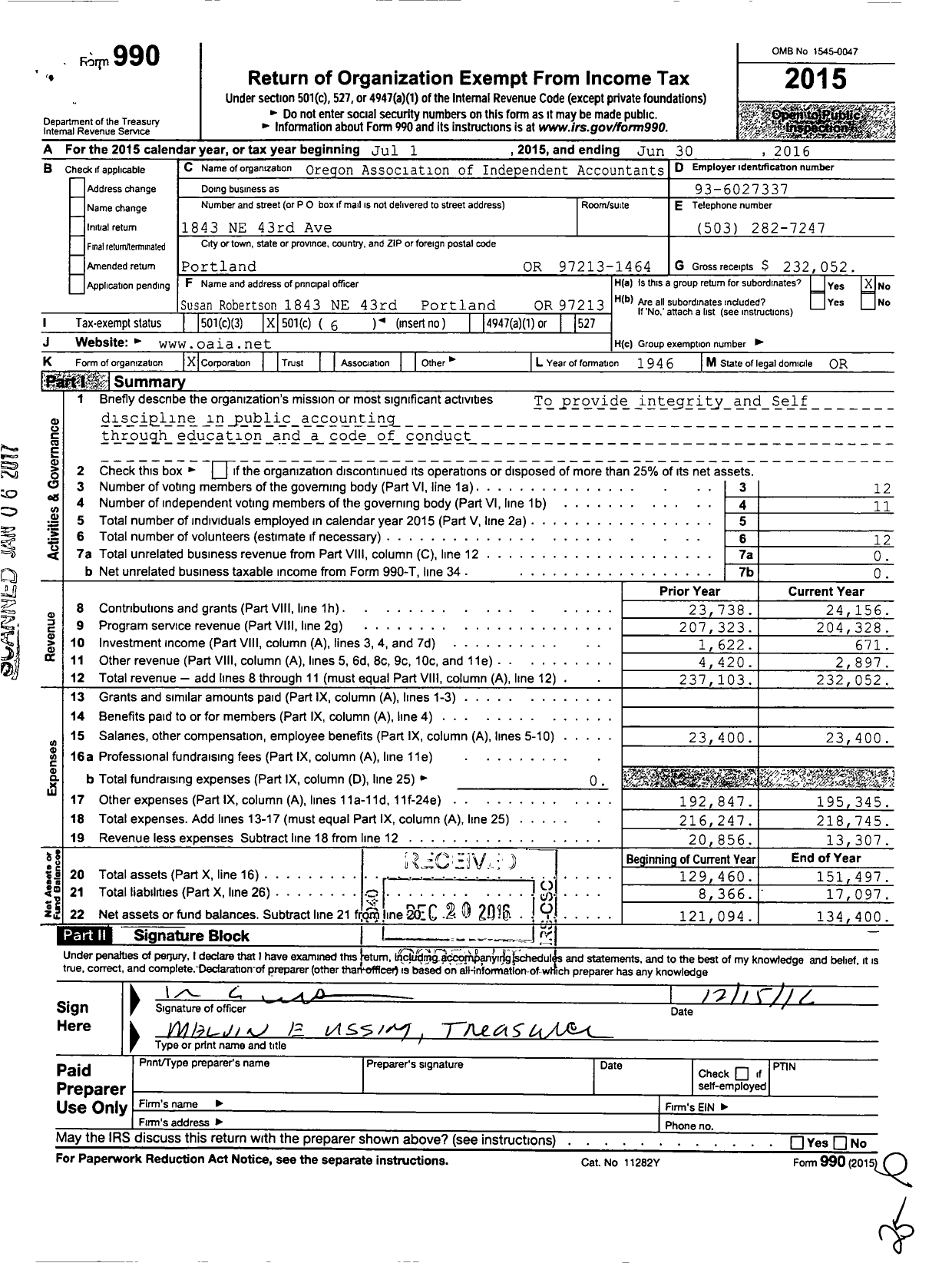 Image of first page of 2015 Form 990O for Oregon Association of Independent Accountants