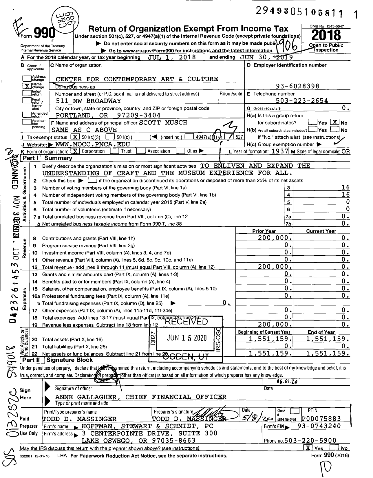 Image of first page of 2018 Form 990 for Center for Contemporary Art and Culture