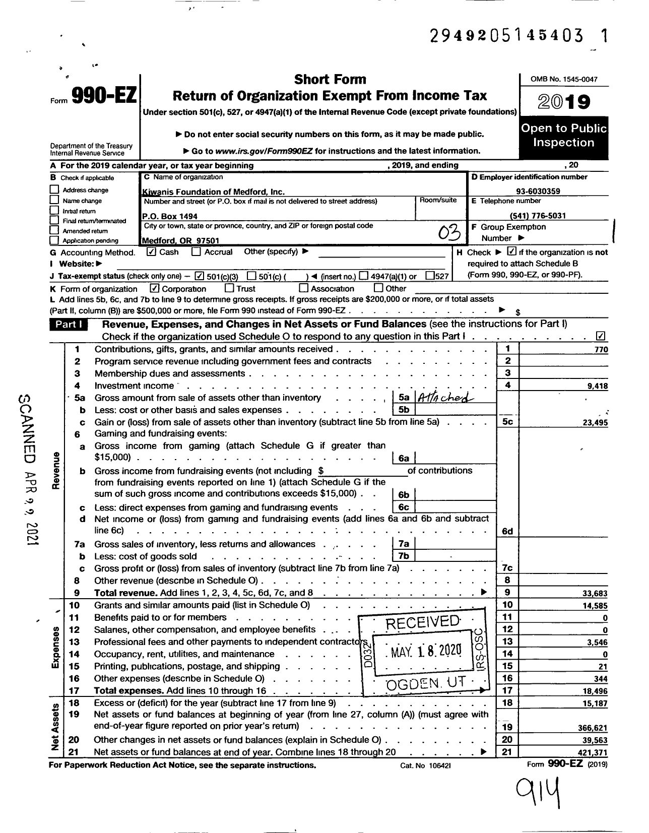 Image of first page of 2019 Form 990EZ for Table Rock Kiwanis Foundation