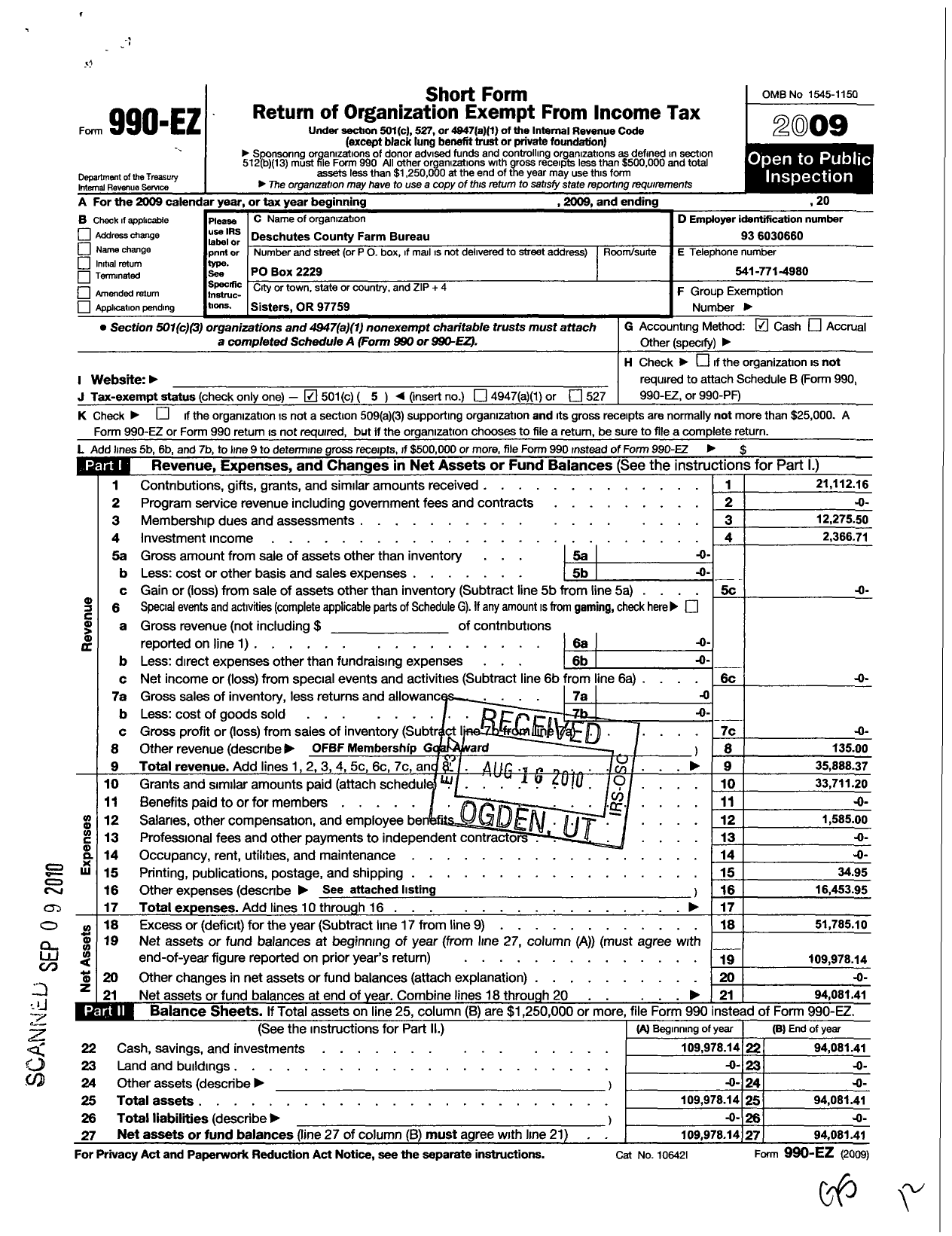 Image of first page of 2009 Form 990EO for Deschutes County Farm Bureau