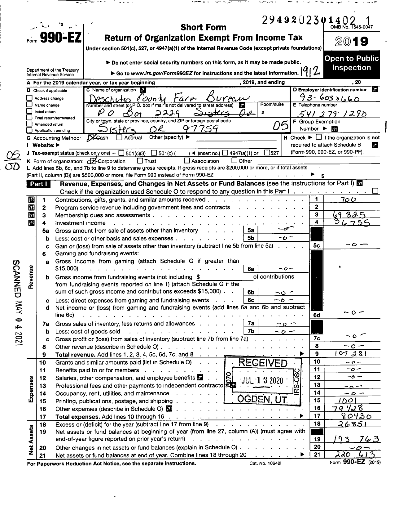 Image of first page of 2019 Form 990EO for Deschutes County Farm Bureau