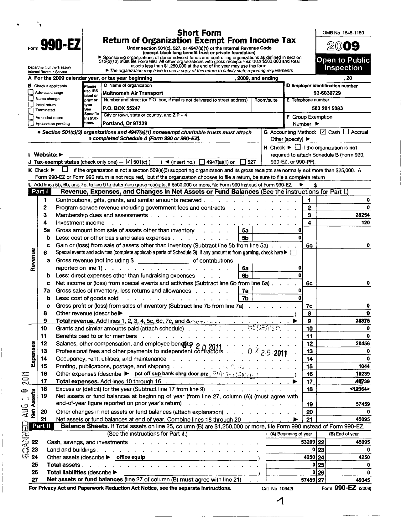 Image of first page of 2009 Form 990EO for International Association of Machinists and Aerospace Workers - Multnomah Air Transport