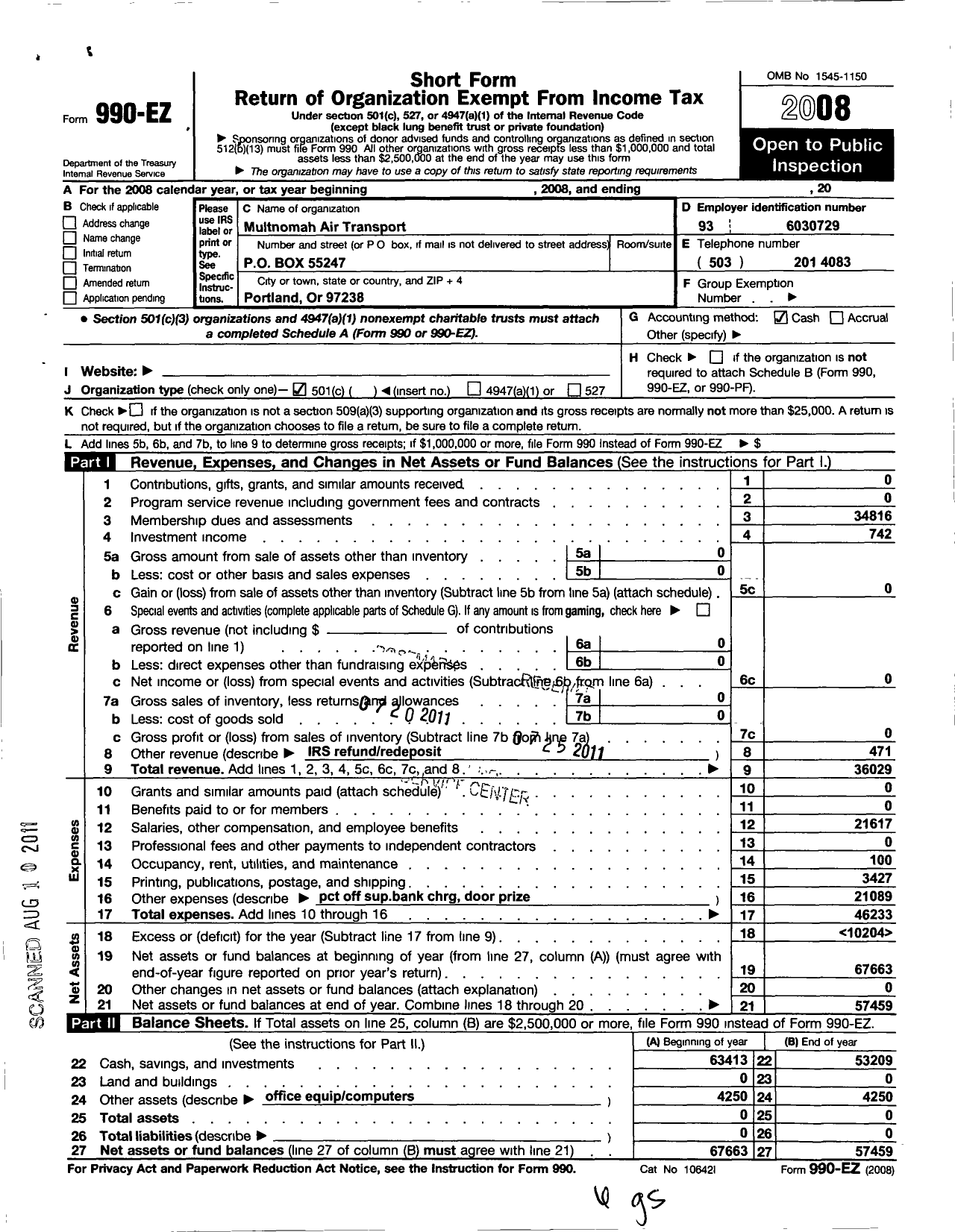 Image of first page of 2008 Form 990EO for International Association of Machinists and Aerospace Workers - Multnomah Air Transport