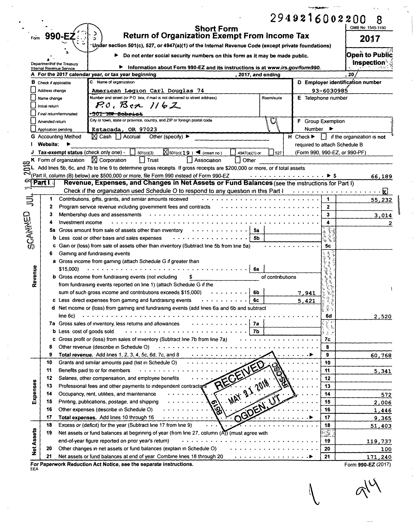 Image of first page of 2017 Form 990EO for American Legion - 0074 Carl Douglas Post Or