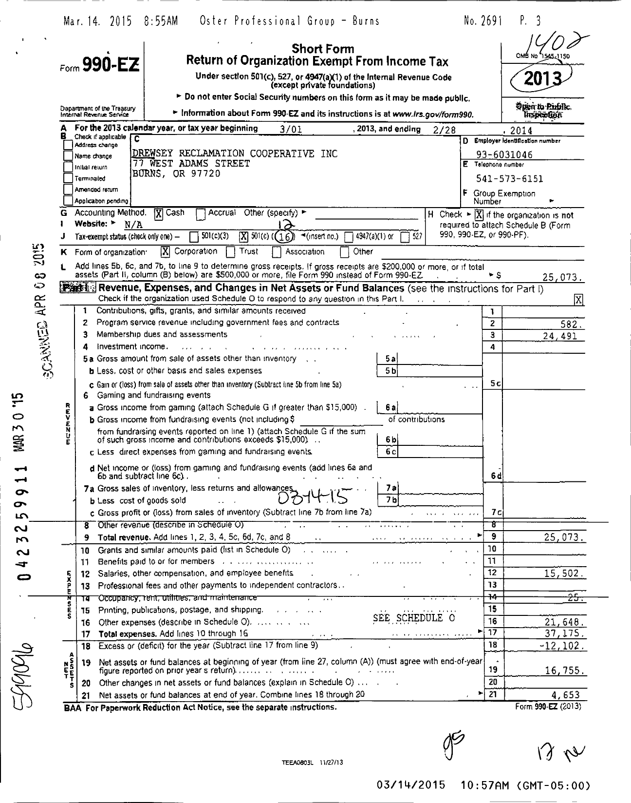 Image of first page of 2013 Form 990EO for Drewsey Reclamation