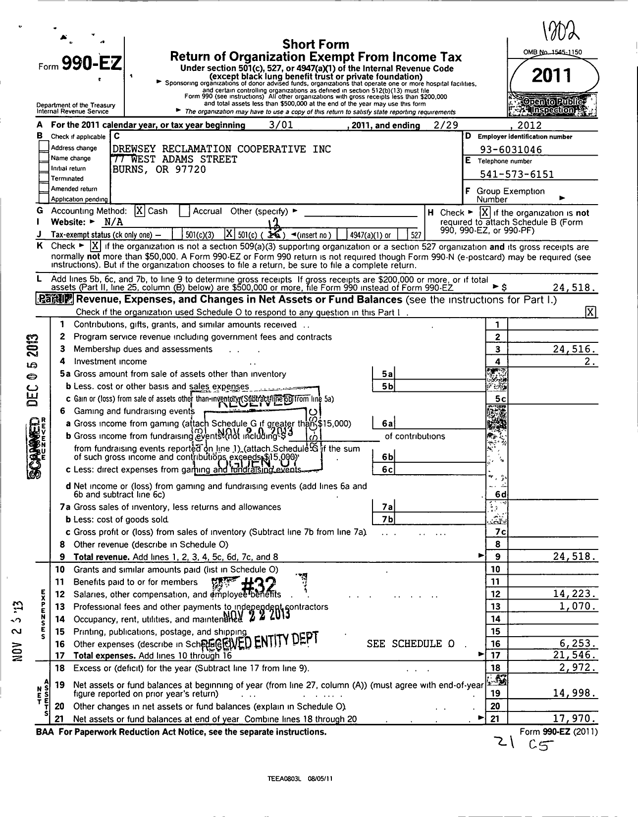 Image of first page of 2011 Form 990EO for Drewsey Reclamation