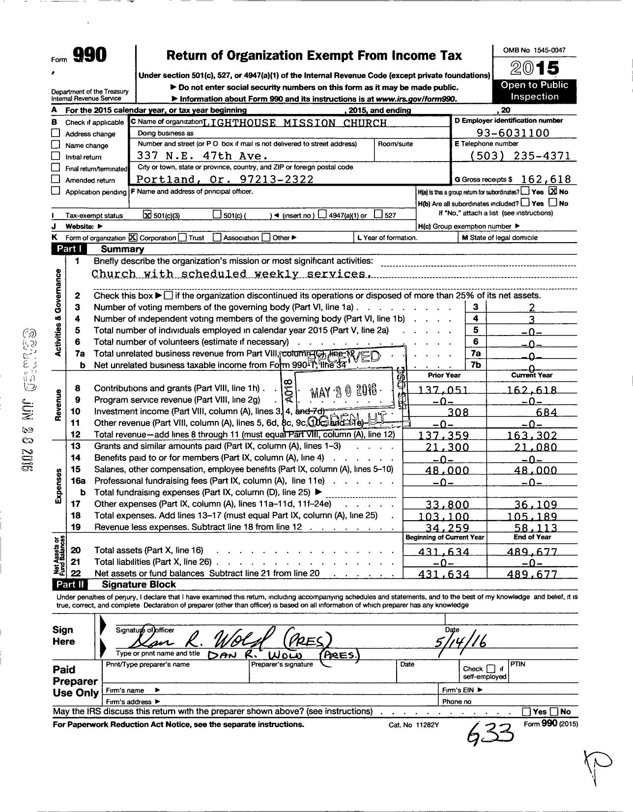 Image of first page of 2015 Form 990 for Lighthouse Mission Church