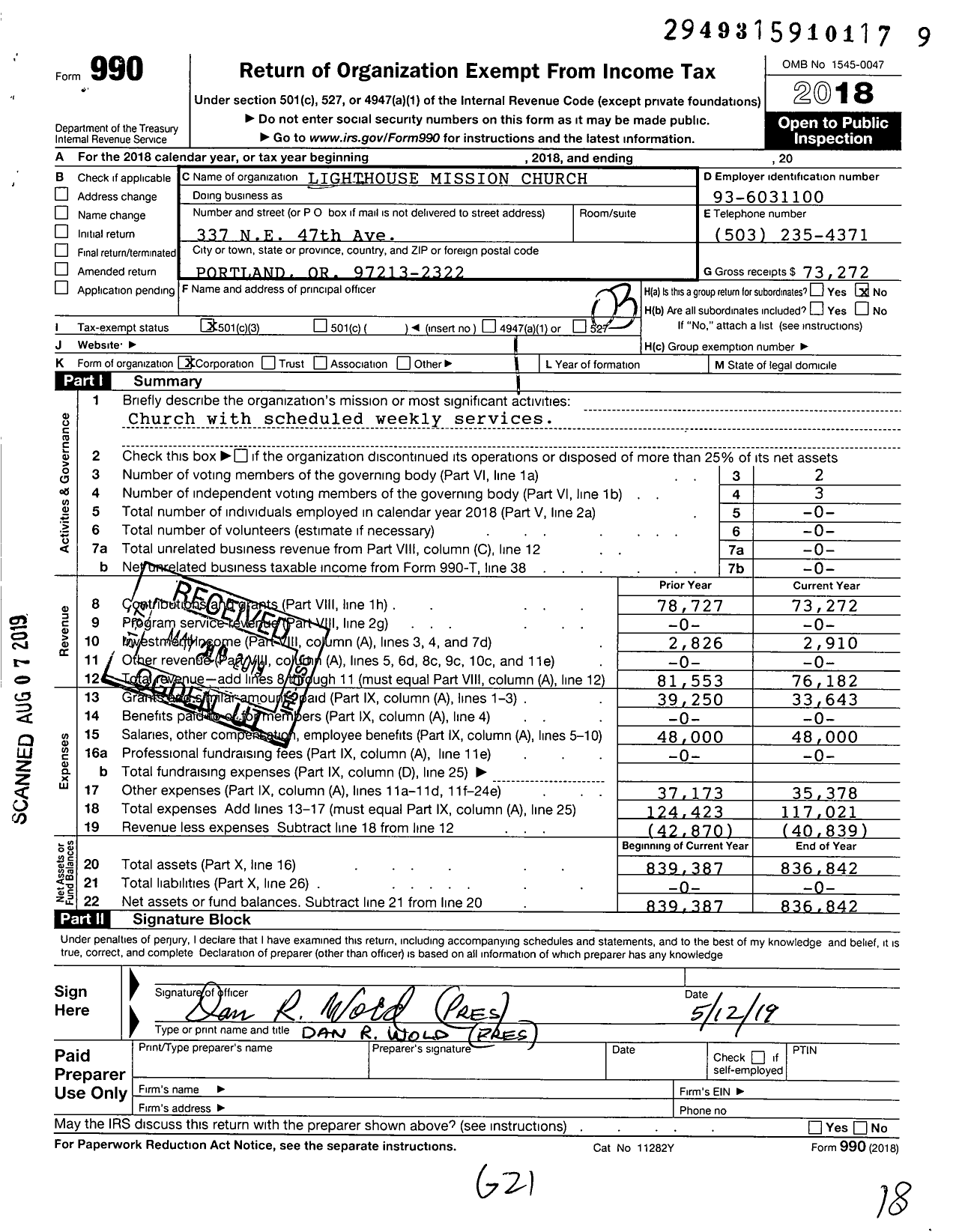 Image of first page of 2018 Form 990 for Lighthouse Mission Church