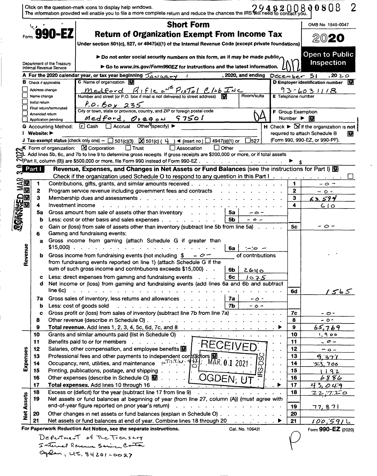 Image of first page of 2020 Form 990EO for Medford Rifle and Pistol Club