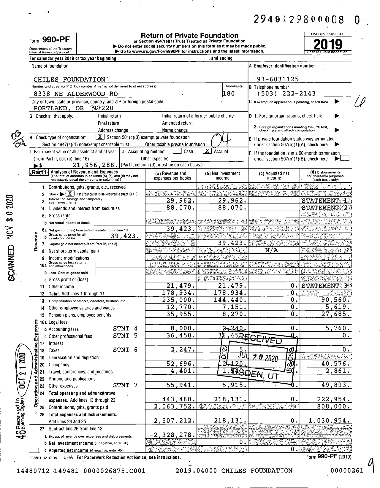 Image of first page of 2019 Form 990PF for Chiles Foundation