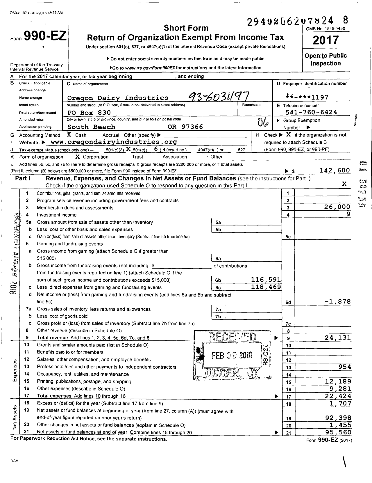 Image of first page of 2017 Form 990EO for Oregon Dairy Industries