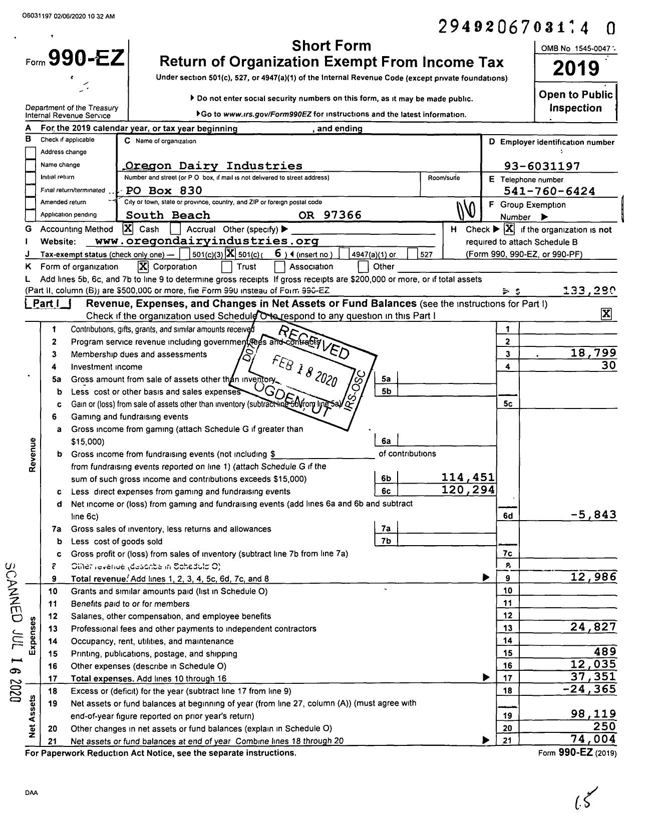 Image of first page of 2019 Form 990EO for Oregon Dairy Industries