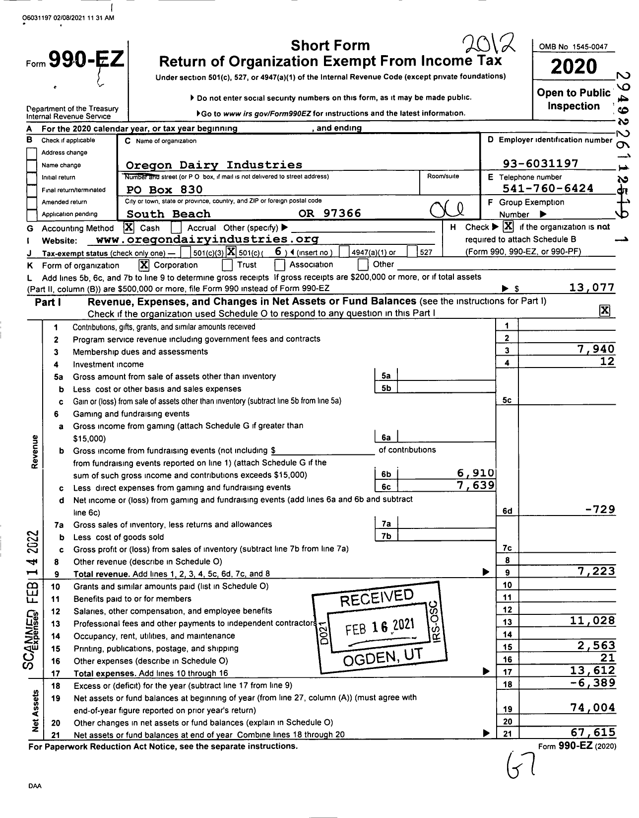 Image of first page of 2020 Form 990EO for Oregon Dairy Industries