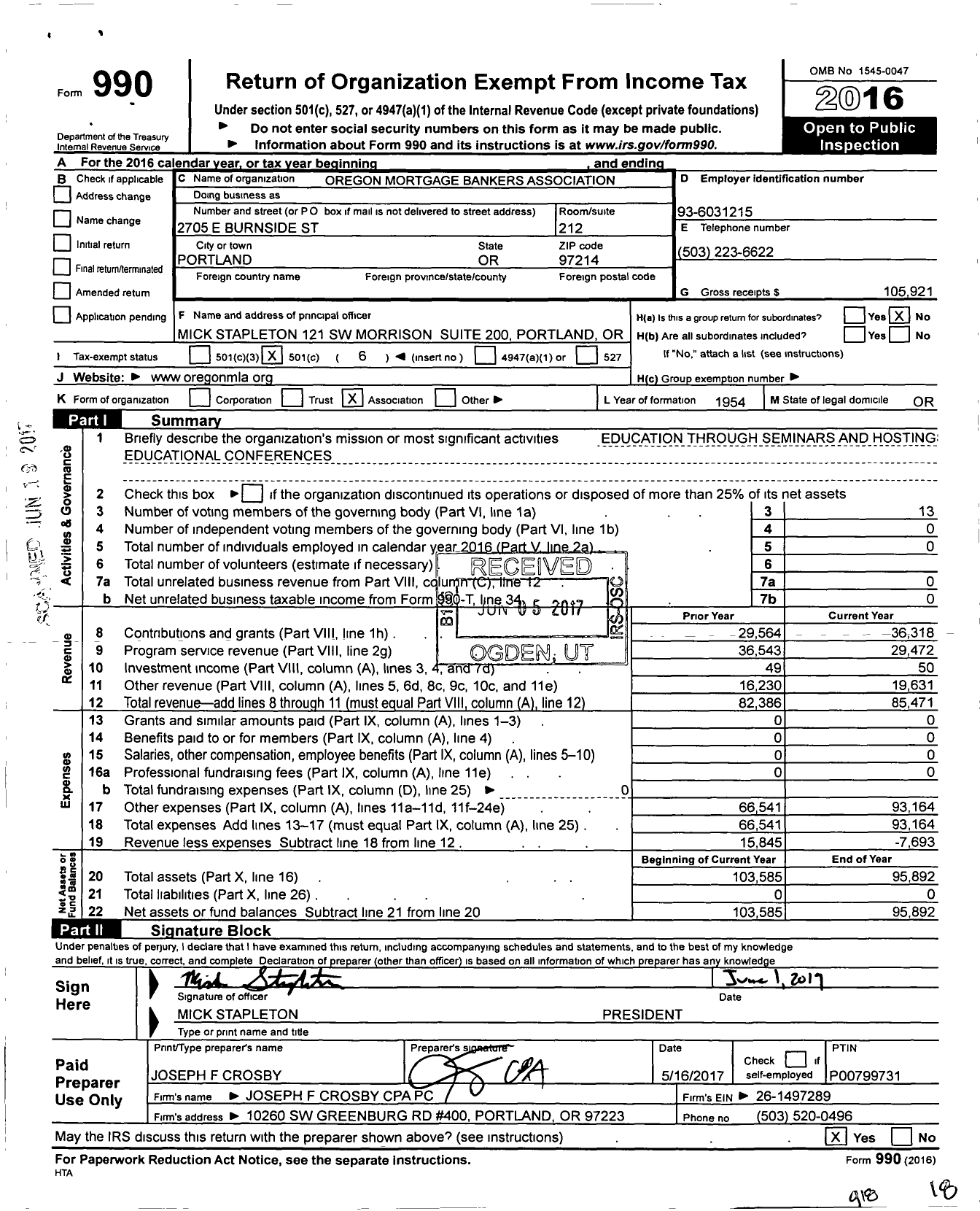 Image of first page of 2016 Form 990O for Oregon Mortgage Bankers Association