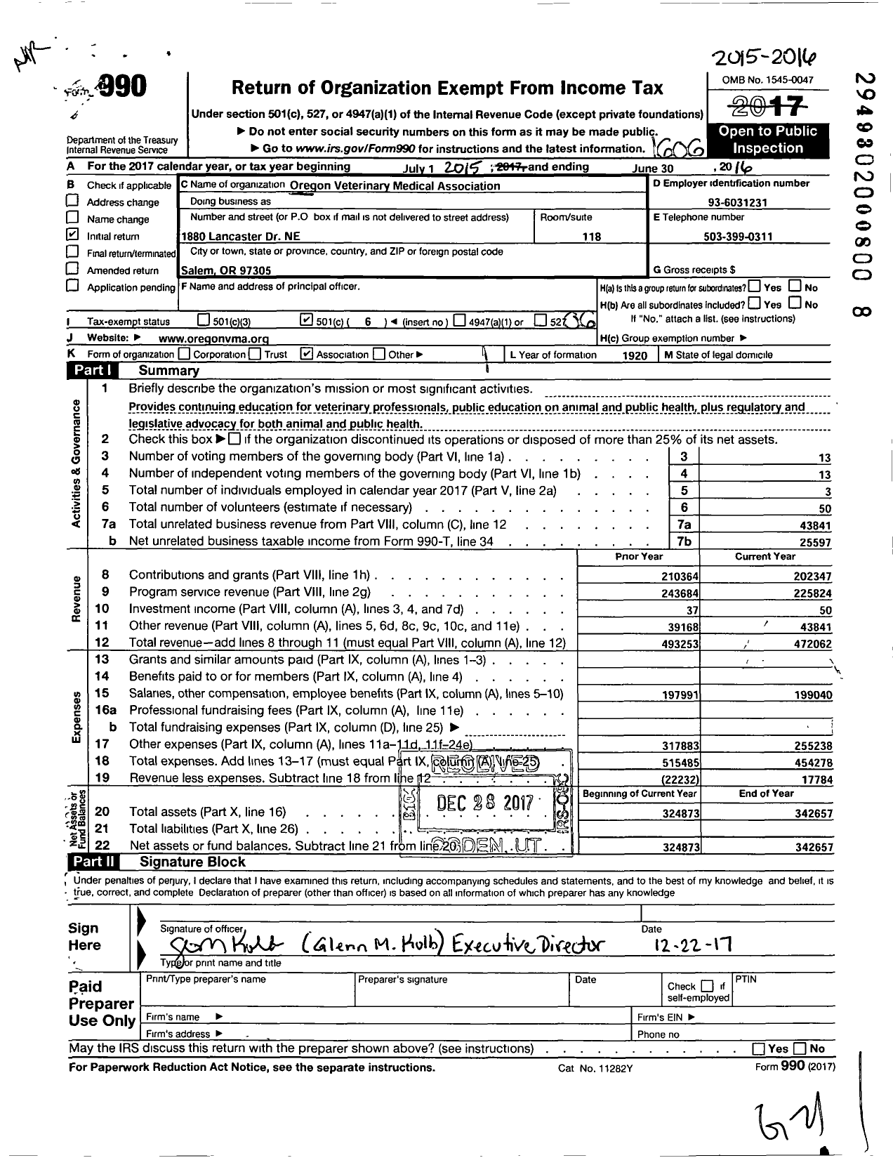 Image of first page of 2015 Form 990O for Oregon Veterinary Medical Association