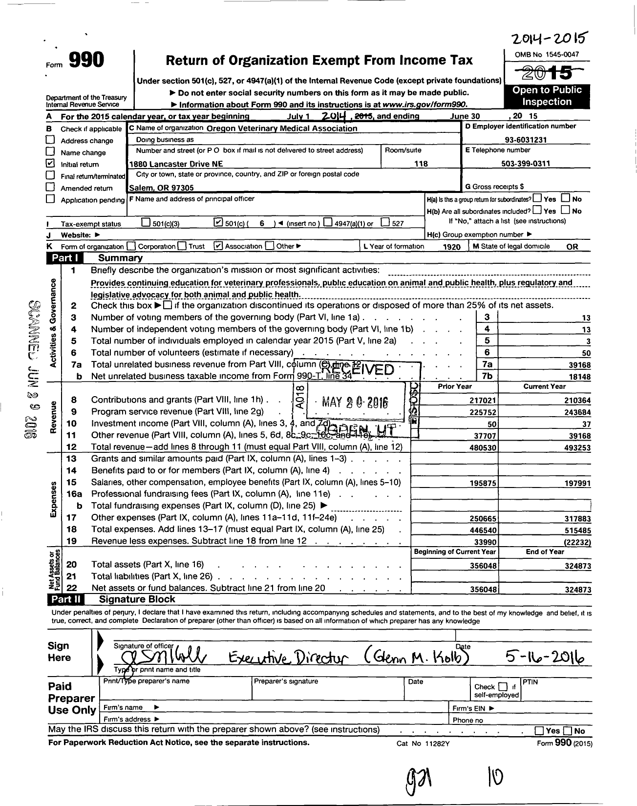 Image of first page of 2014 Form 990O for Oregon Veterinary Medical Association