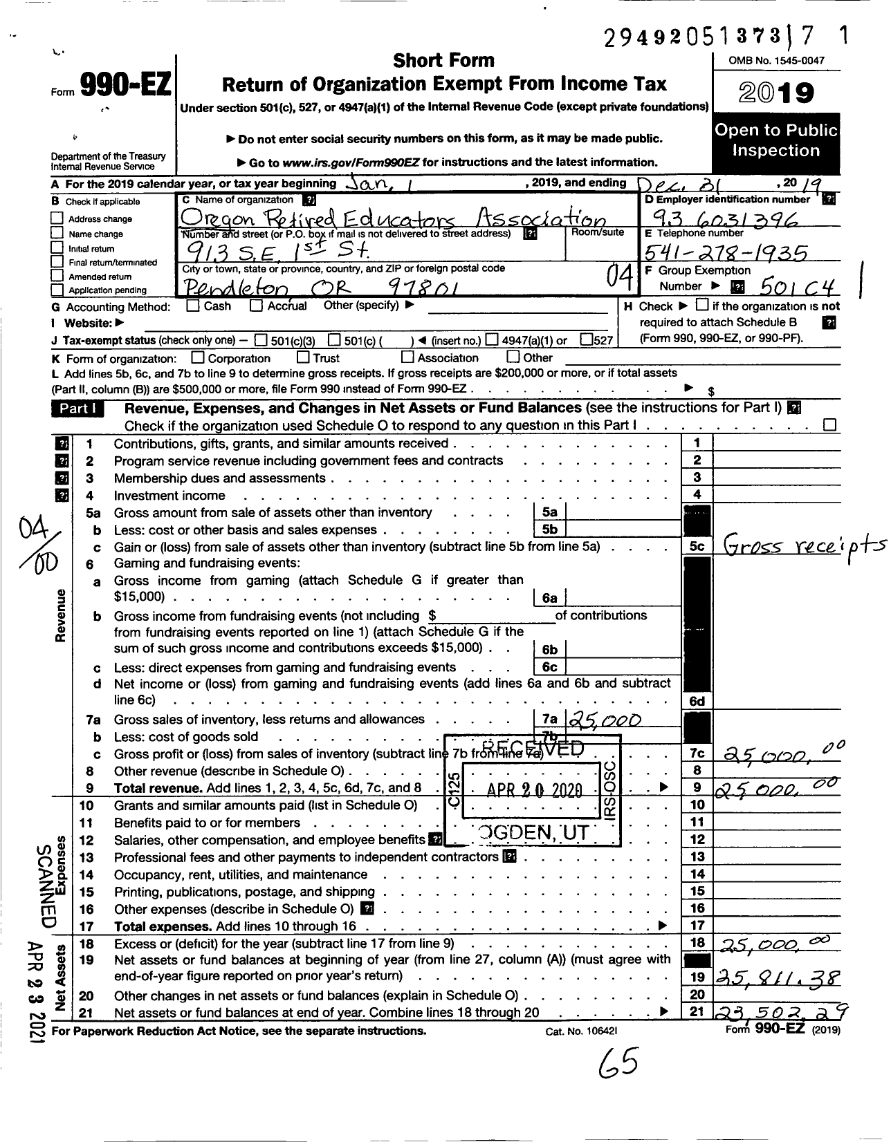 Image of first page of 2019 Form 990EO for Oregon Retired Educators Association