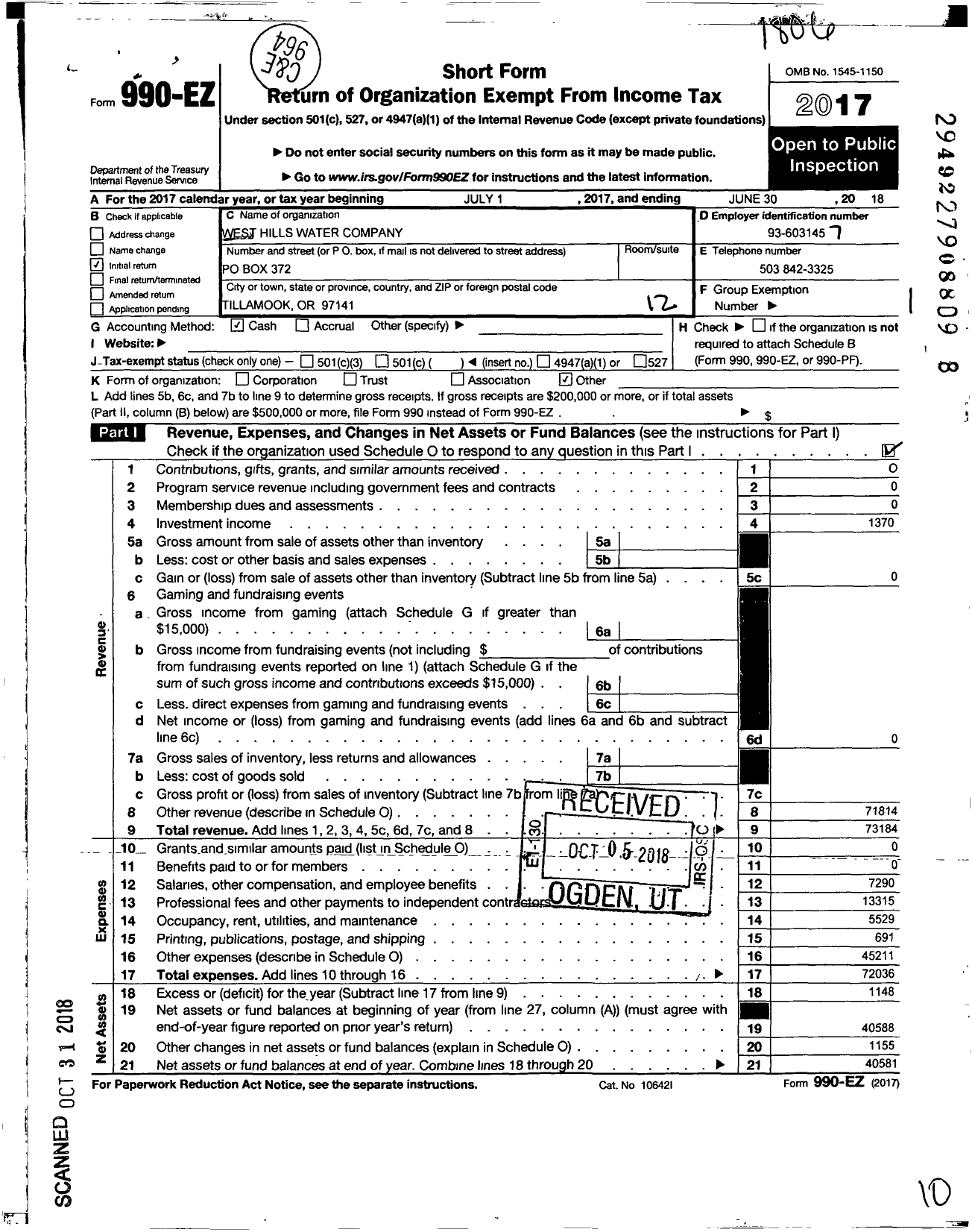 Image of first page of 2017 Form 990EO for West Hills Water Company