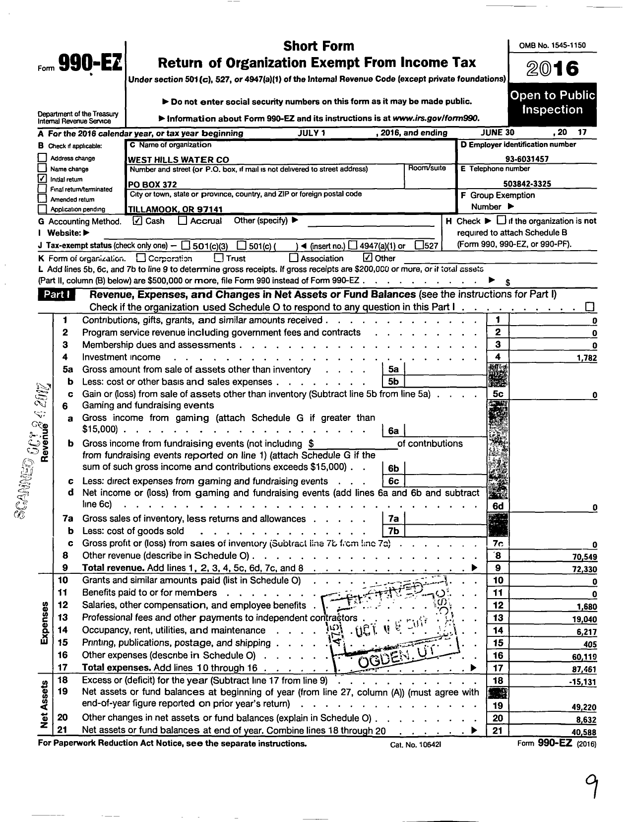 Image of first page of 2016 Form 990EO for West Hills Water Company