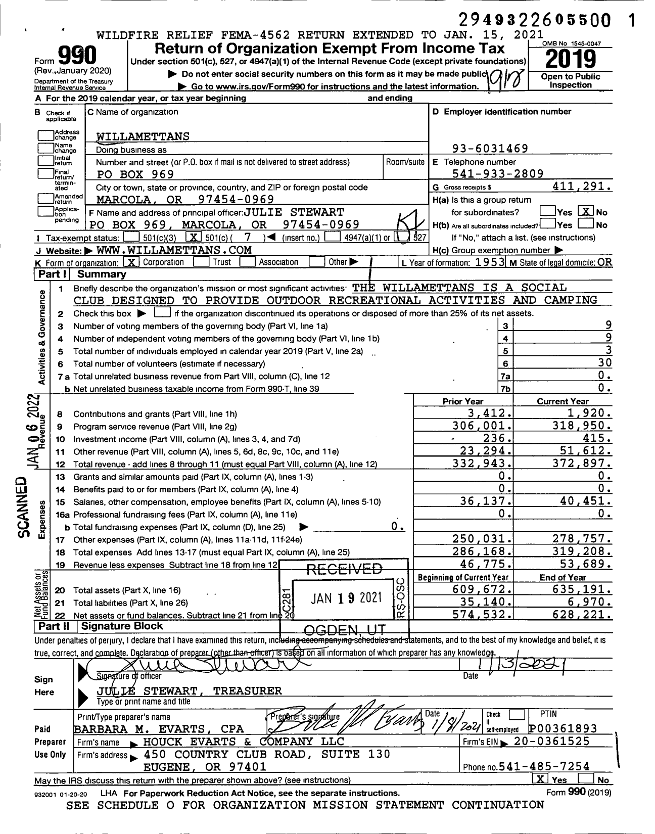 Image of first page of 2019 Form 990O for Willamettans