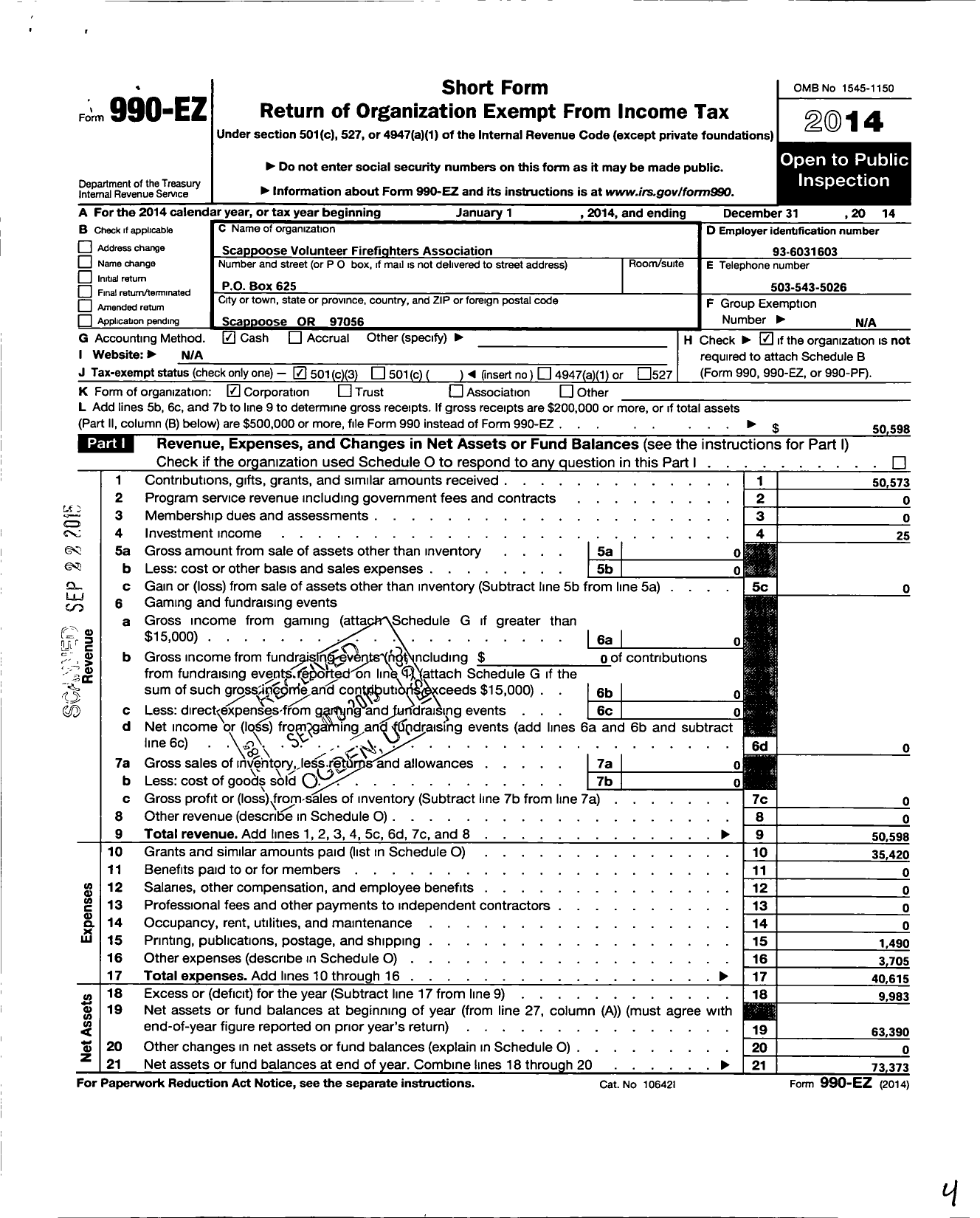 Image of first page of 2014 Form 990EZ for Scappoose Volunteer Firemens Association