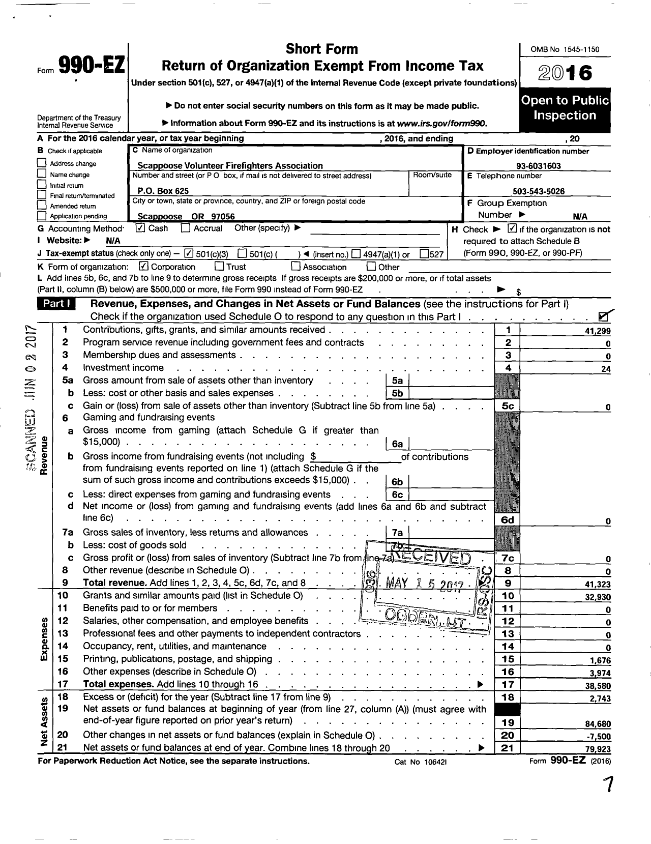 Image of first page of 2016 Form 990EZ for Scappoose Volunteer Firemens Association