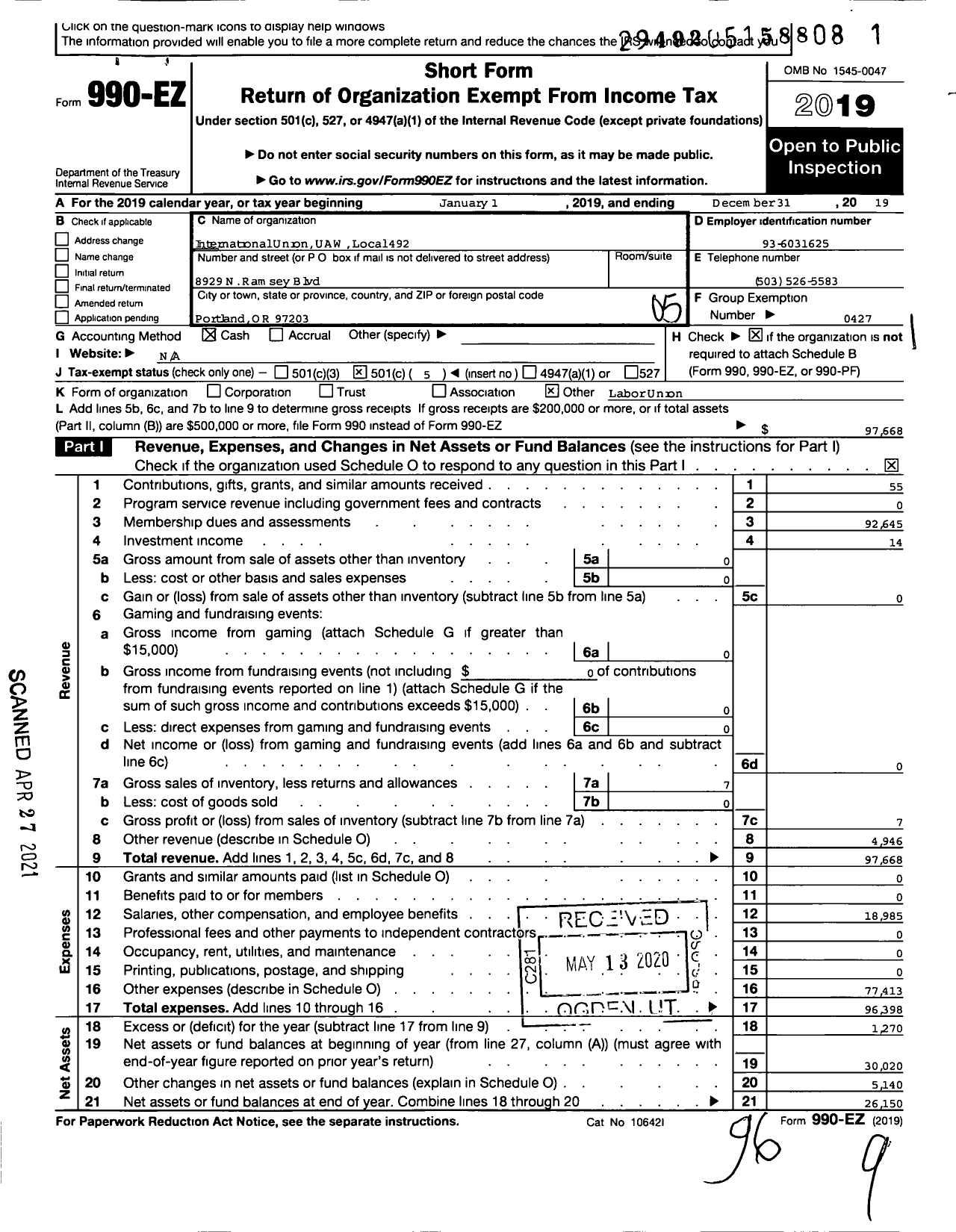 Image of first page of 2019 Form 990EO for Uaw - International Union Uaw Local 492