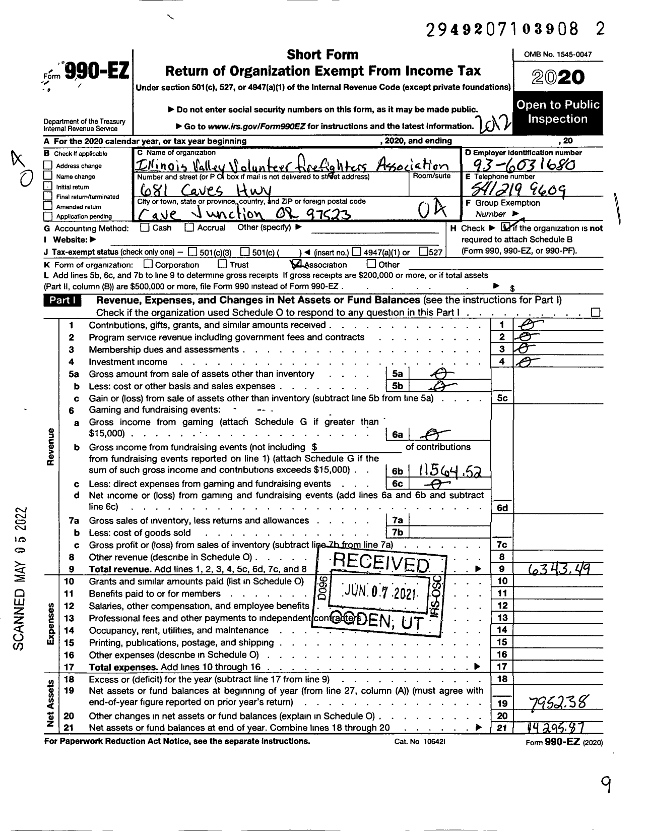 Image of first page of 2020 Form 990EO for Valley Volunteer Firemen