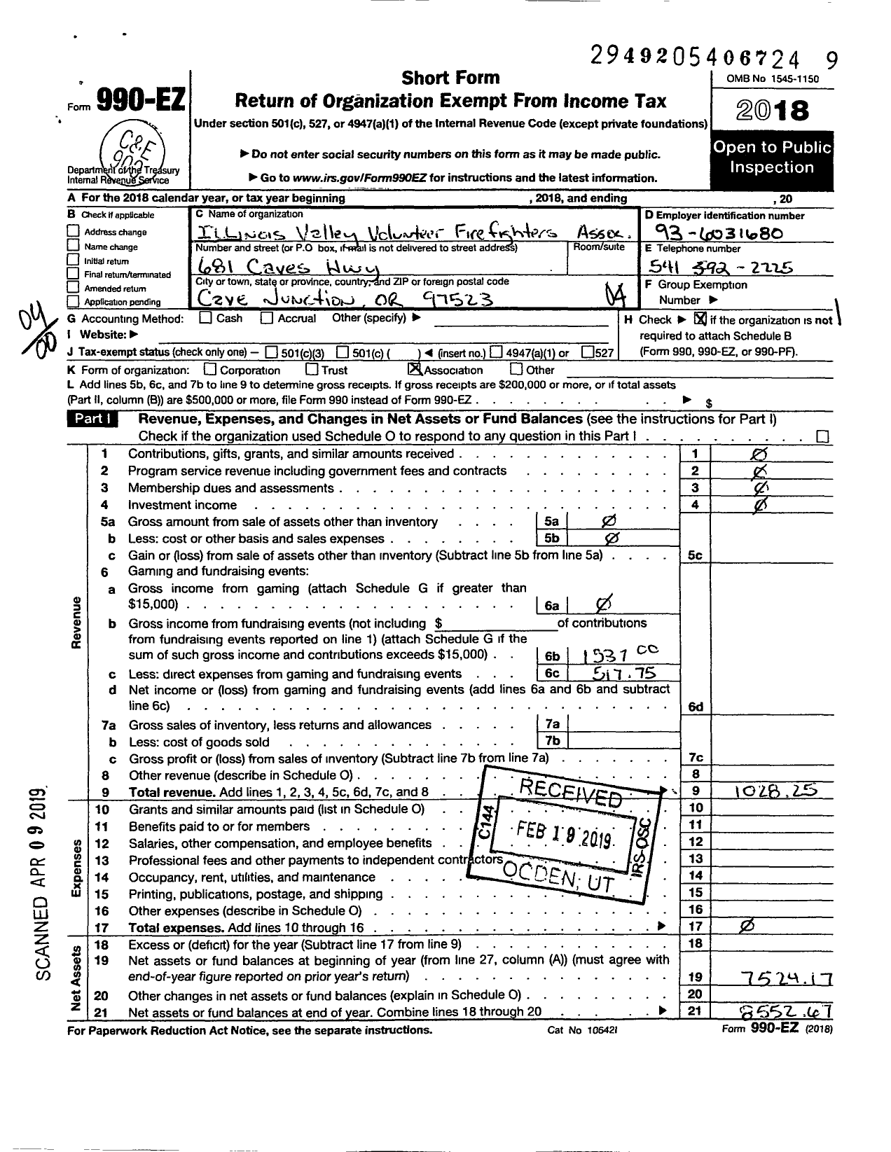 Image of first page of 2018 Form 990EO for Valley Volunteer Firemen