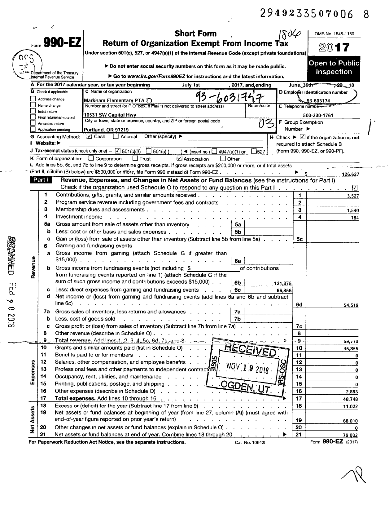 Image of first page of 2017 Form 990EZ for PTA Oregon Congress / Markham Elem PTA