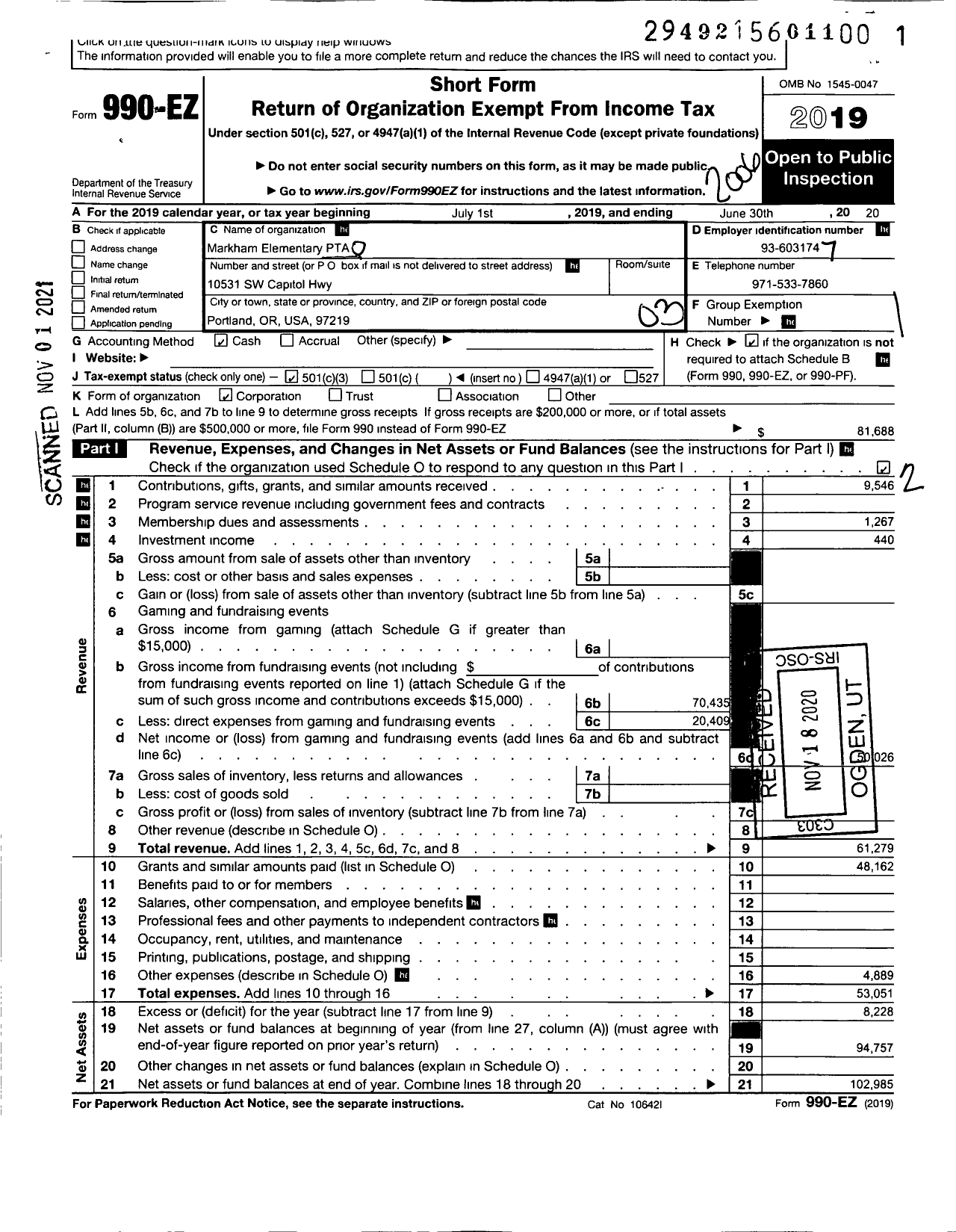 Image of first page of 2019 Form 990EZ for PTA Oregon Congress / Markham Elem PTA