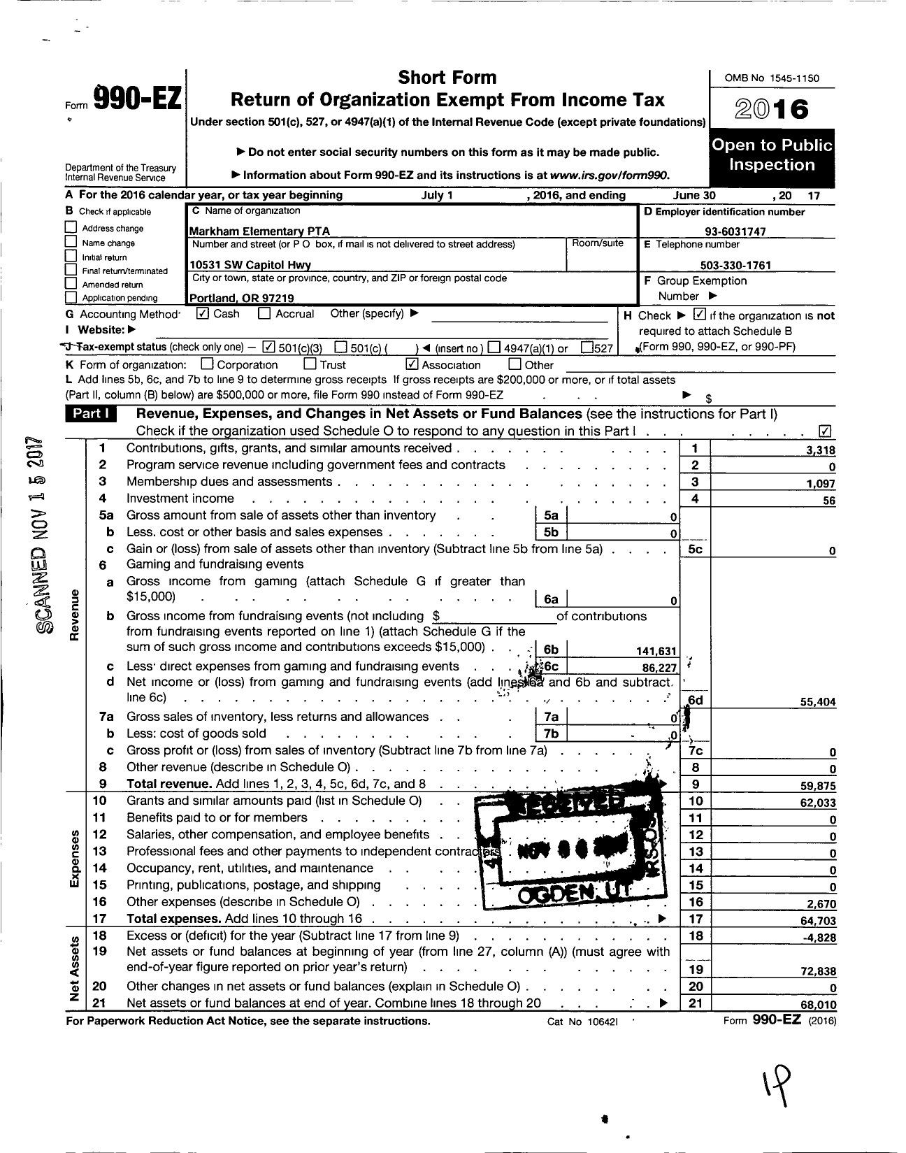 Image of first page of 2016 Form 990EZ for PTA Oregon Congress / Markham Elem PTA