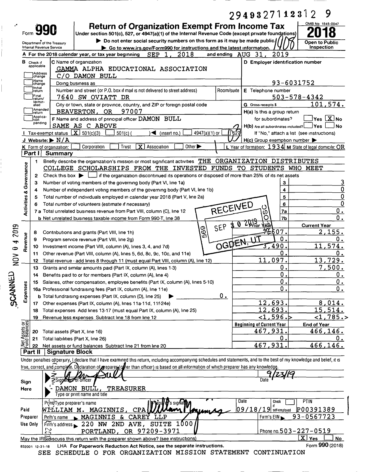 Image of first page of 2018 Form 990 for Gamma Alpha Educational Foundation