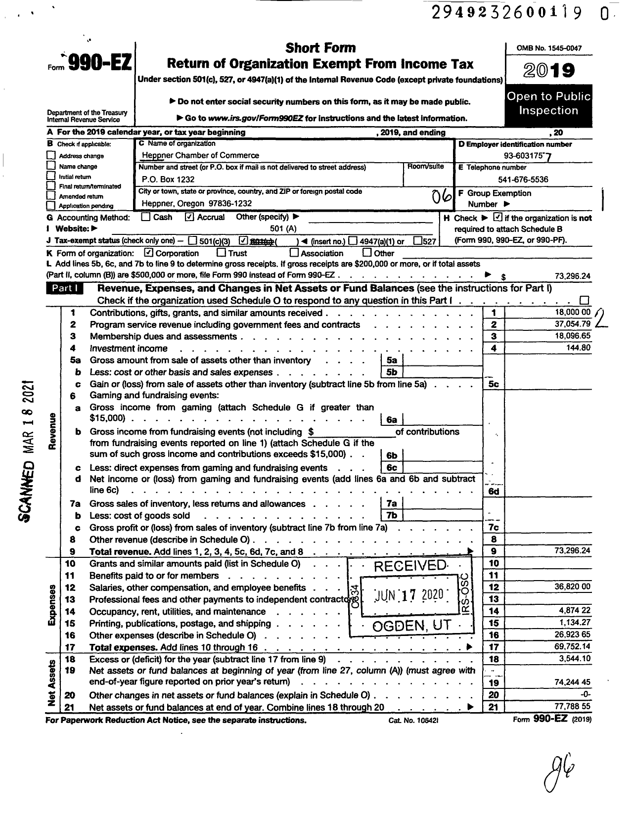 Image of first page of 2019 Form 990EO for Heppner Chamber of Commerce