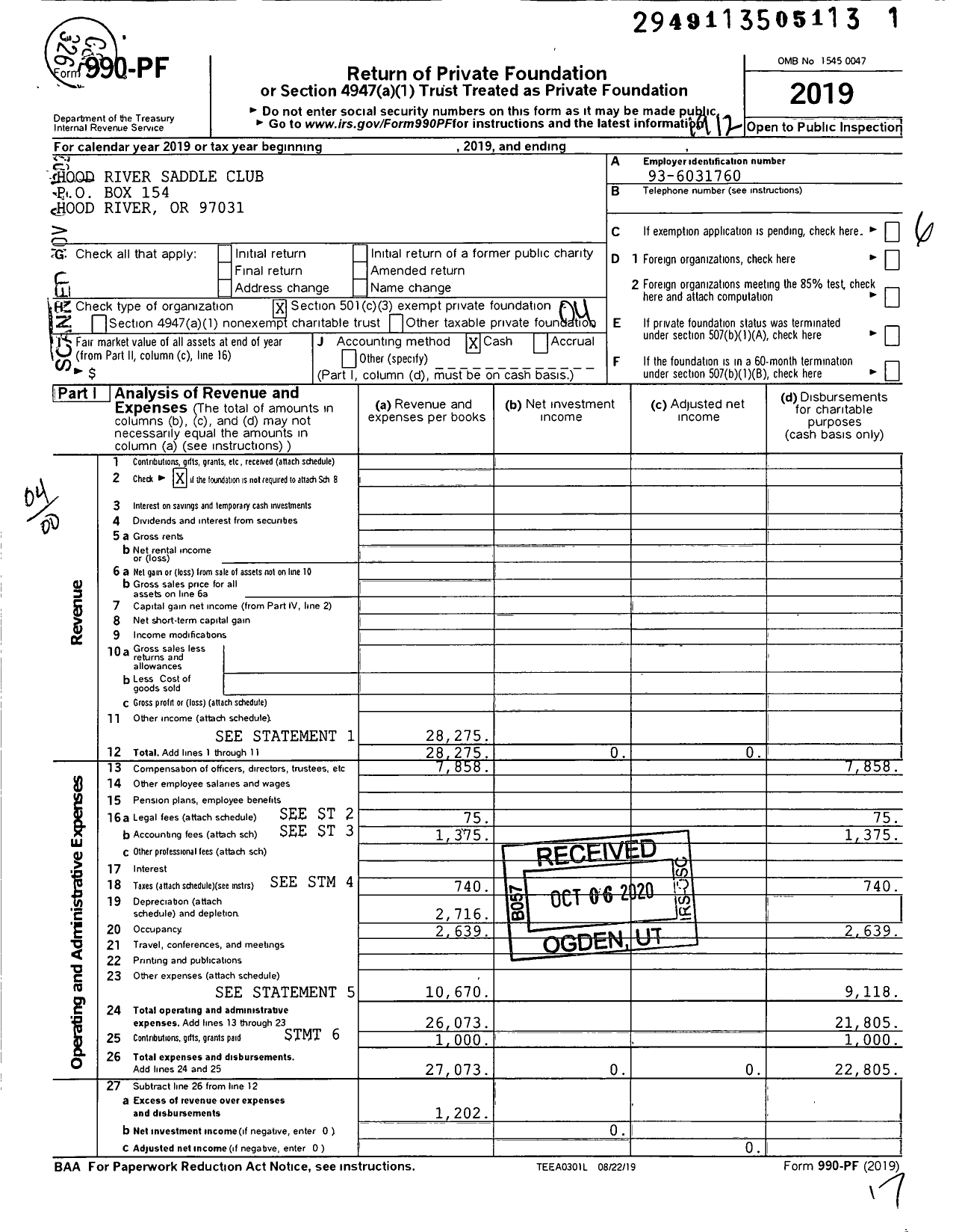 Image of first page of 2019 Form 990PF for Hood River Saddle Club