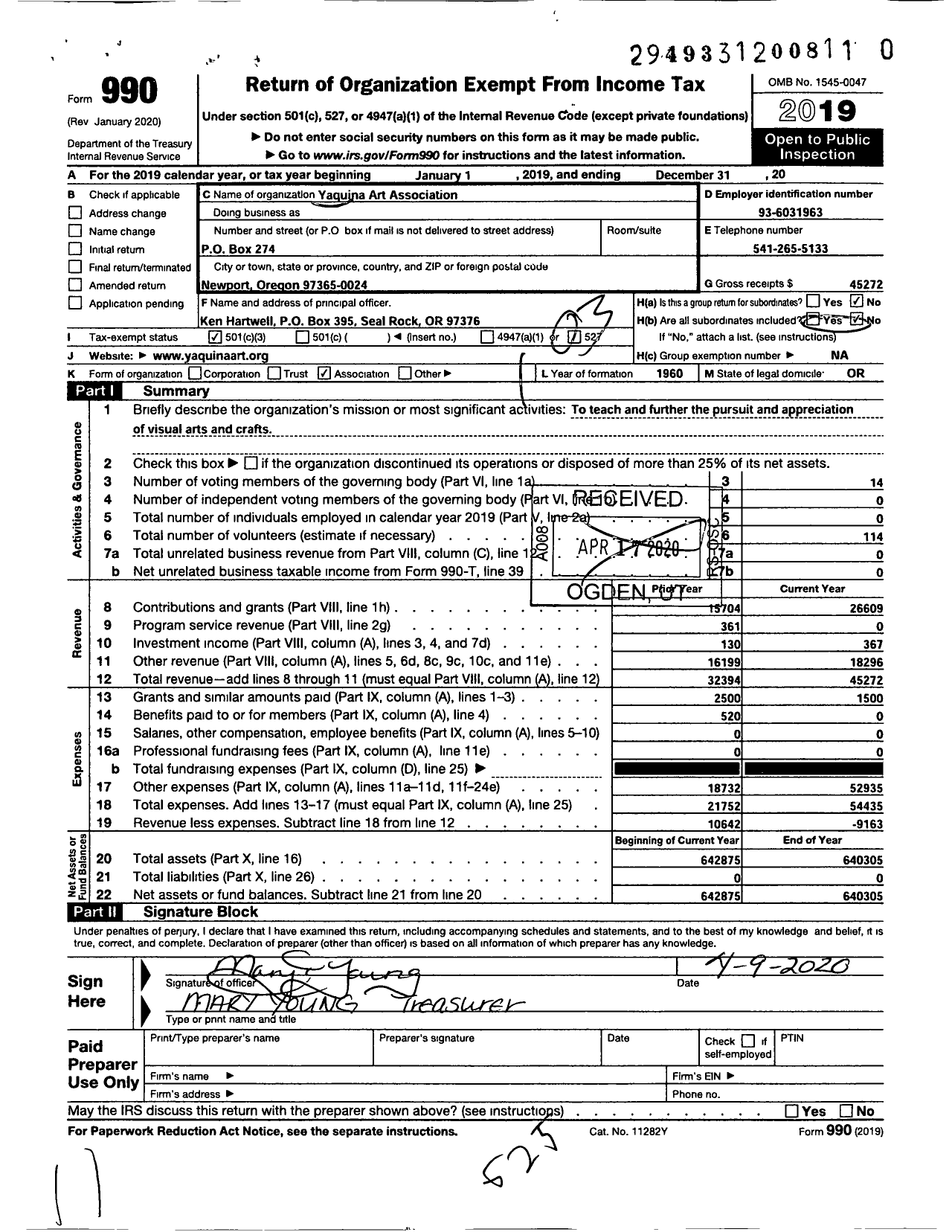 Image of first page of 2019 Form 990 for Yaquina Art Associaton