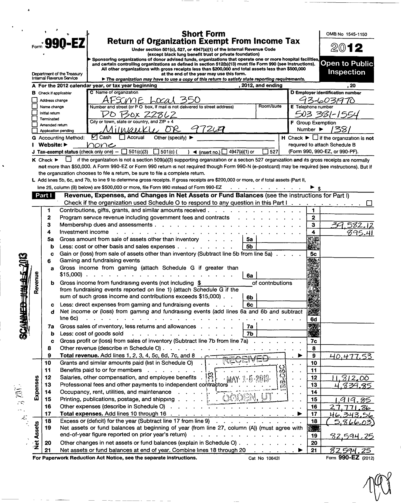 Image of first page of 2012 Form 990EO for American Federation of State County & Municipal Employees - L0350or Clackamas Co Public Emps