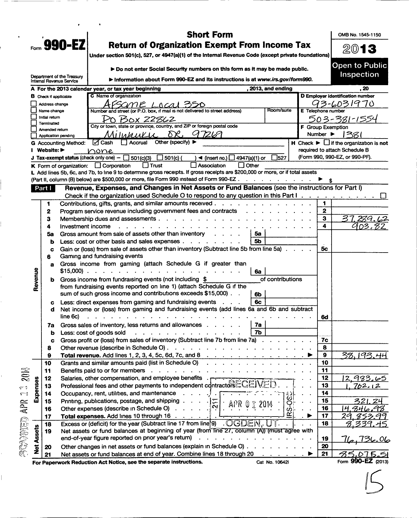 Image of first page of 2013 Form 990EO for American Federation of State County & Municipal Employees - L0350or Clackamas Co Public Emps