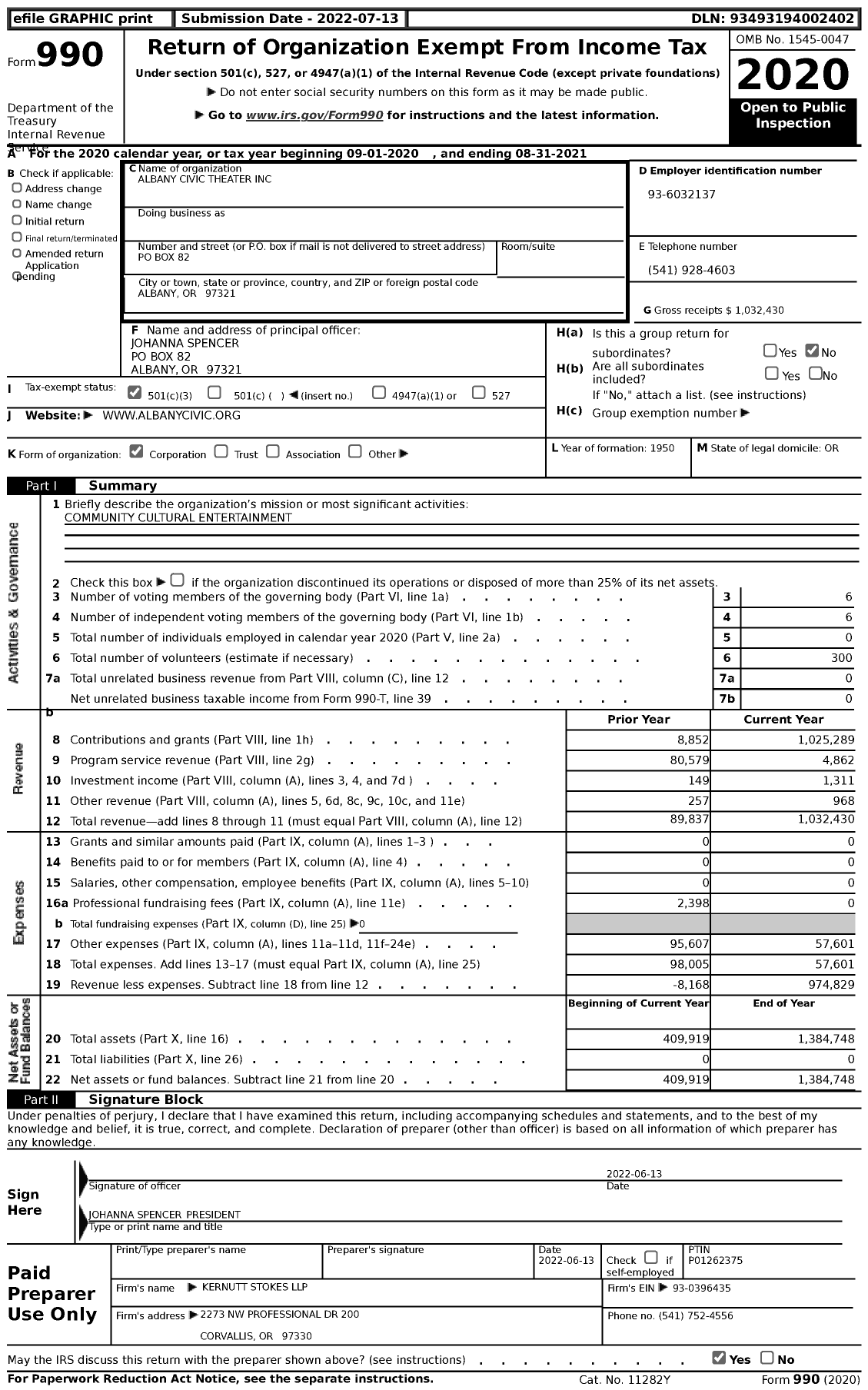 Image of first page of 2020 Form 990 for Albany Civic Theater