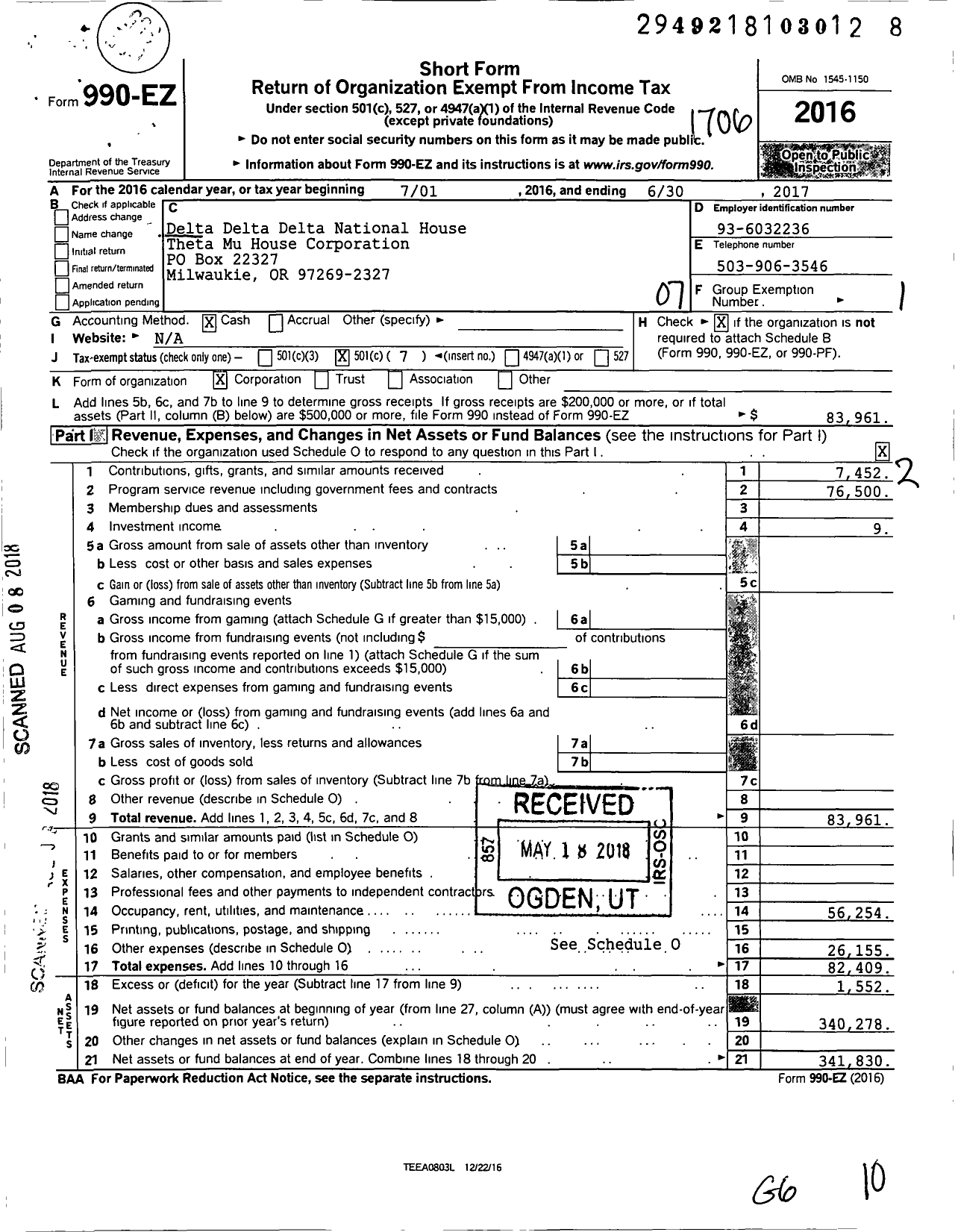 Image of first page of 2016 Form 990EO for Delta Delta Delta National House Corporation / Theta Mu House Corporation