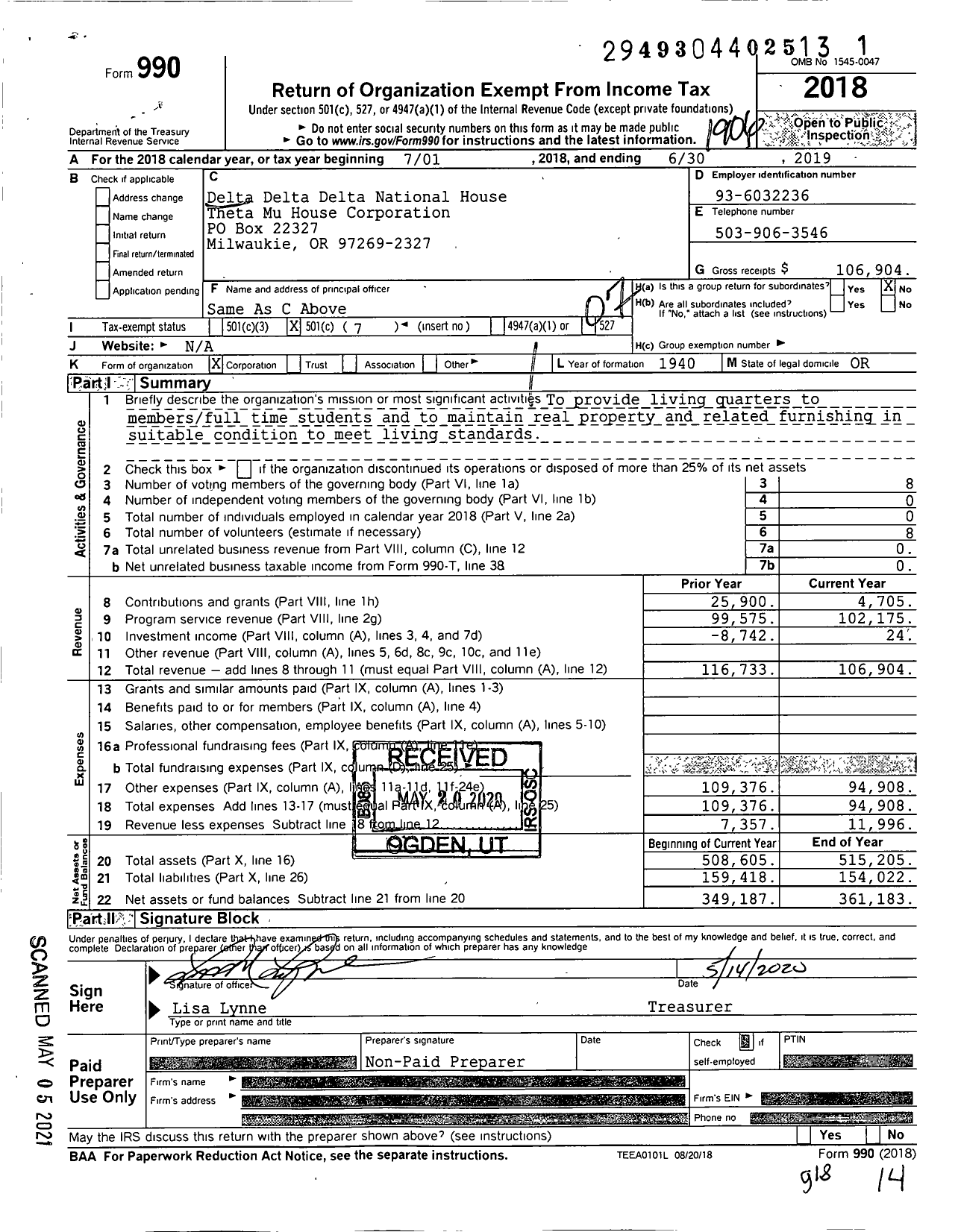 Image of first page of 2018 Form 990O for Delta Delta Delta National House Corporation / Theta Mu House Corporation