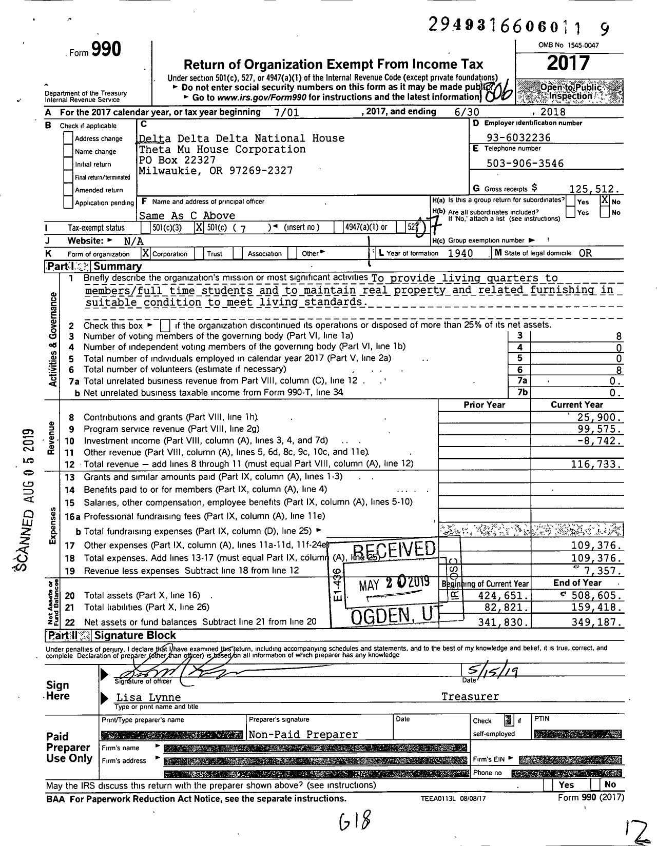 Image of first page of 2017 Form 990O for Delta Delta Delta National House Corporation / Theta Mu House Corporation