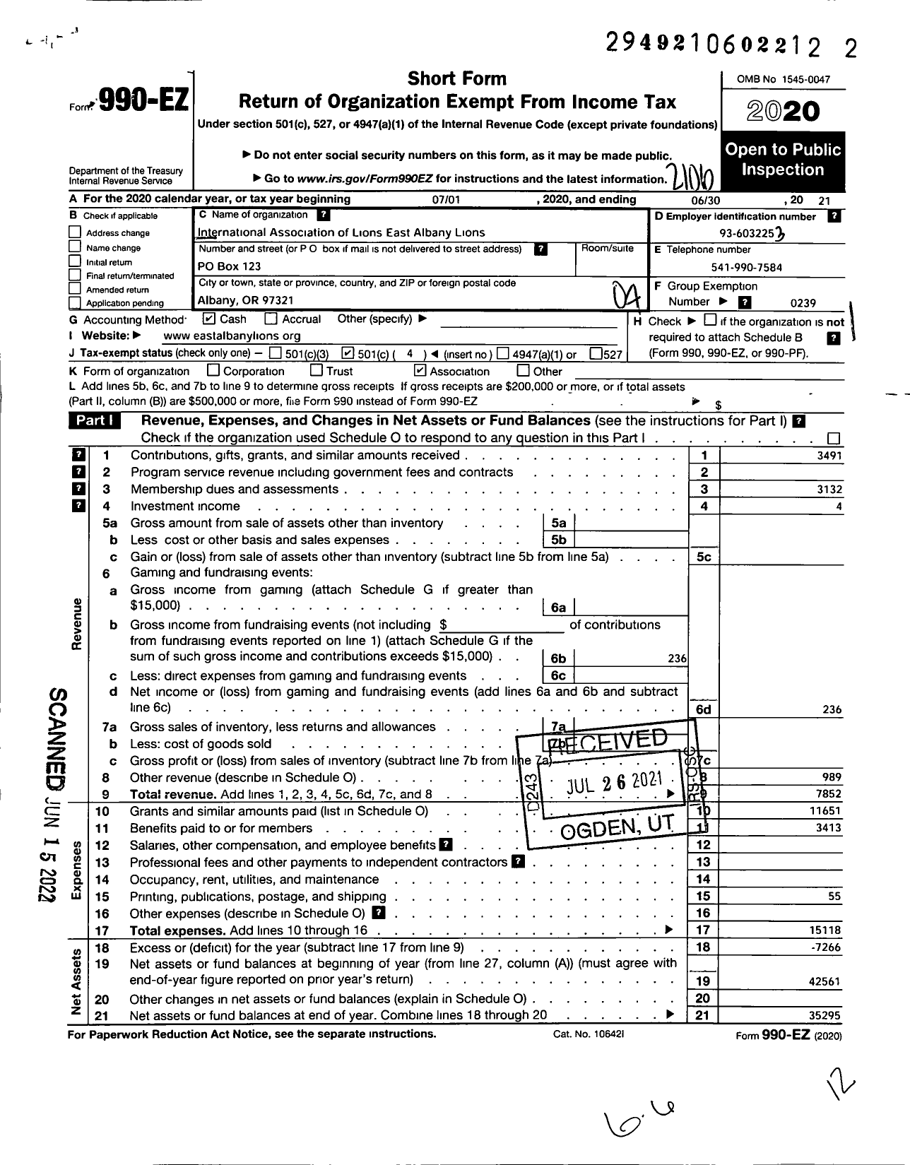 Image of first page of 2020 Form 990EO for LIONS CLUBS - 12835 Albany East