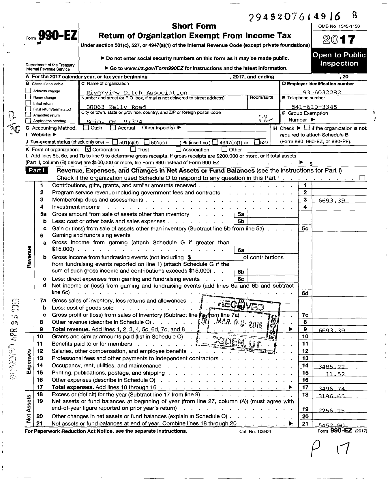 Image of first page of 2017 Form 990EO for Riverview Ditch Association