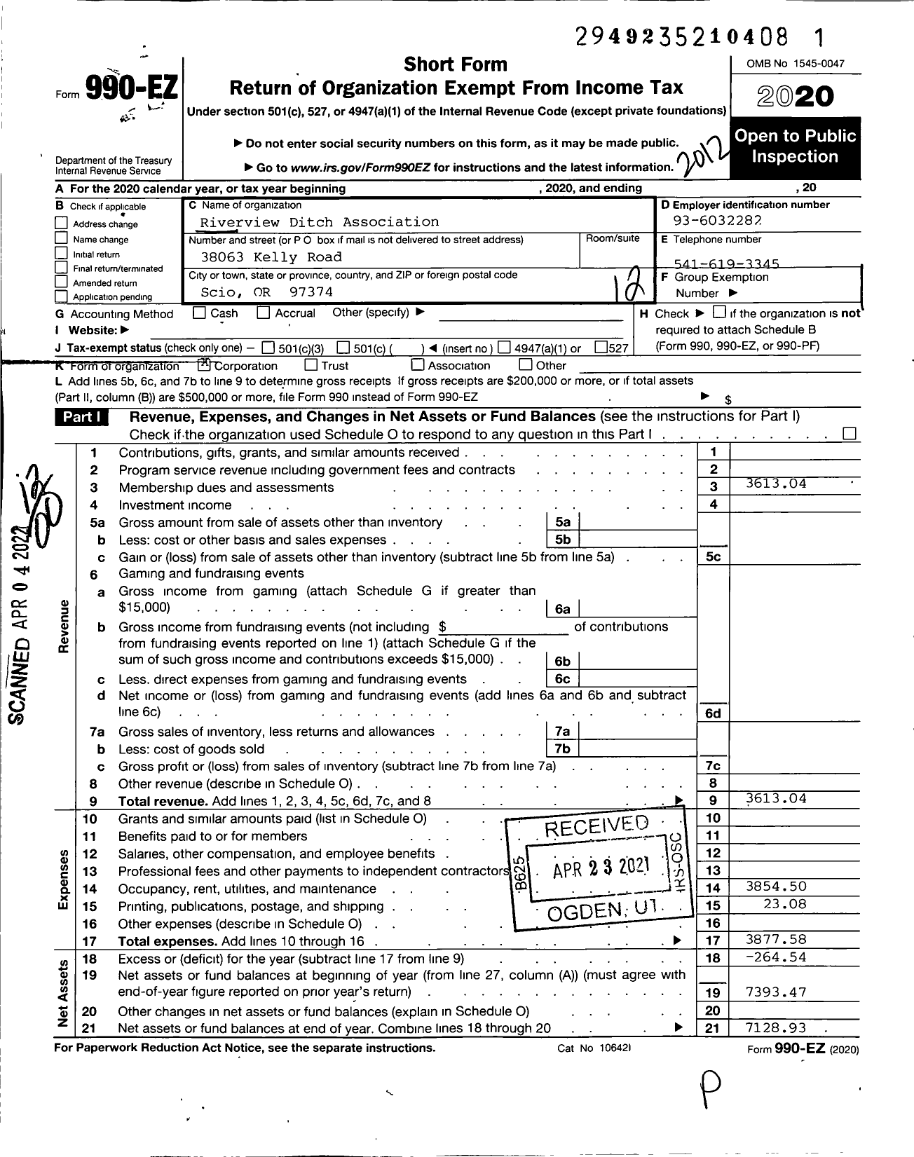 Image of first page of 2020 Form 990EO for Riverview Ditch Association