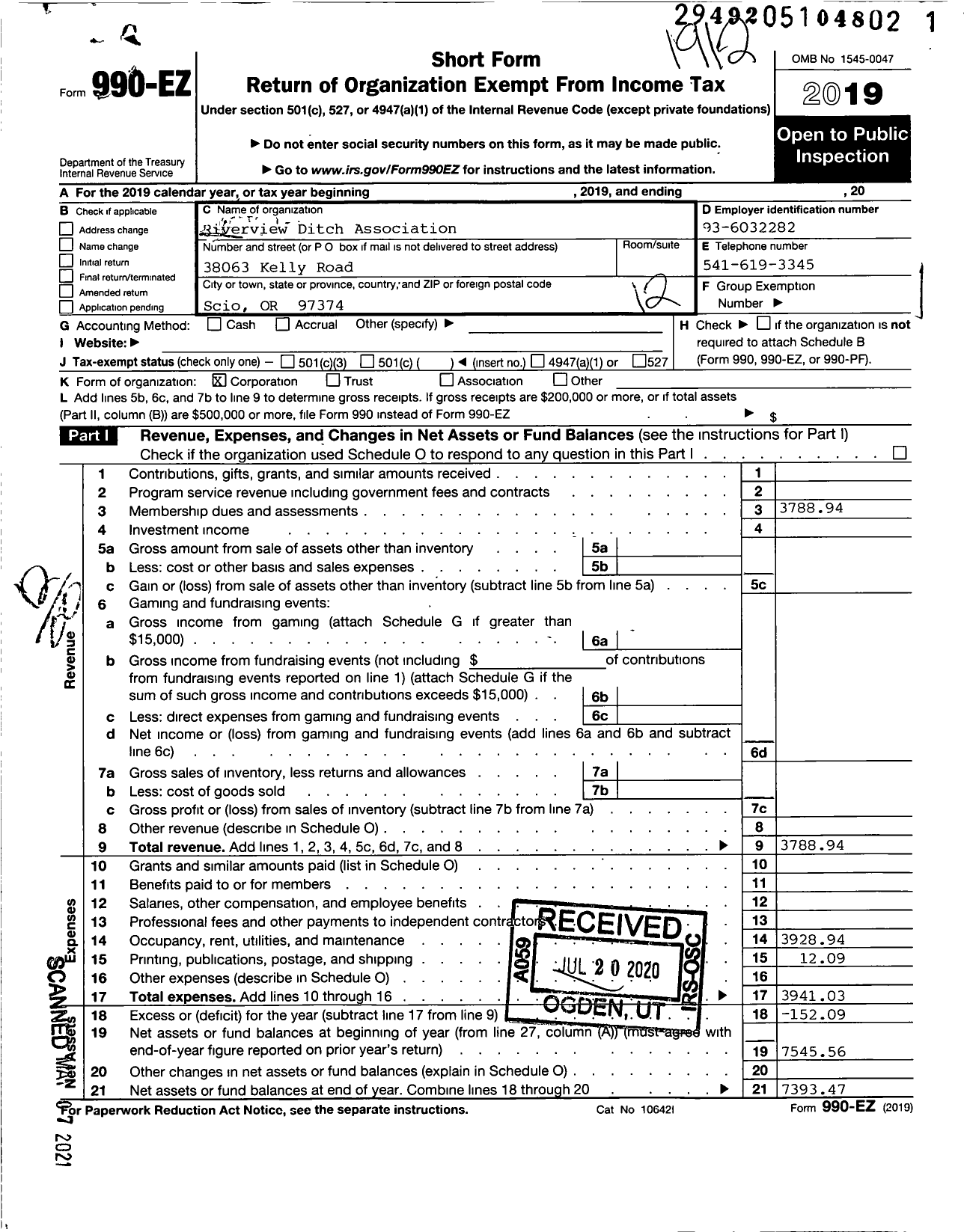 Image of first page of 2019 Form 990EO for Riverview Ditch Association