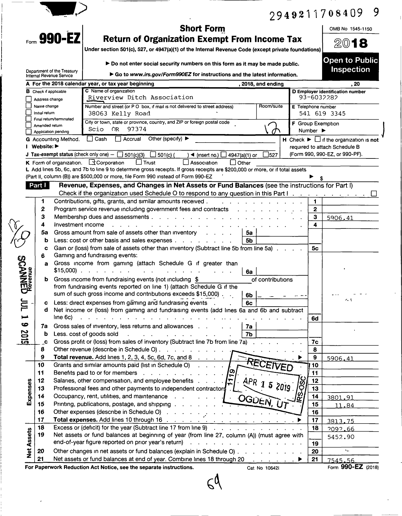 Image of first page of 2018 Form 990EO for Riverview Ditch Association