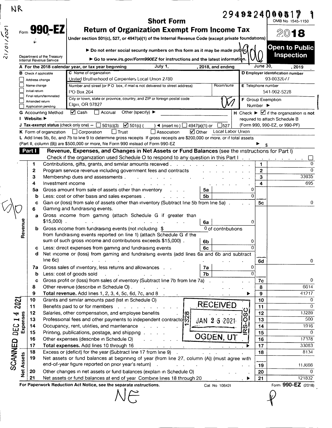 Image of first page of 2018 Form 990EO for United Brotherhood of Carpenters & Joiners - 2780 Local